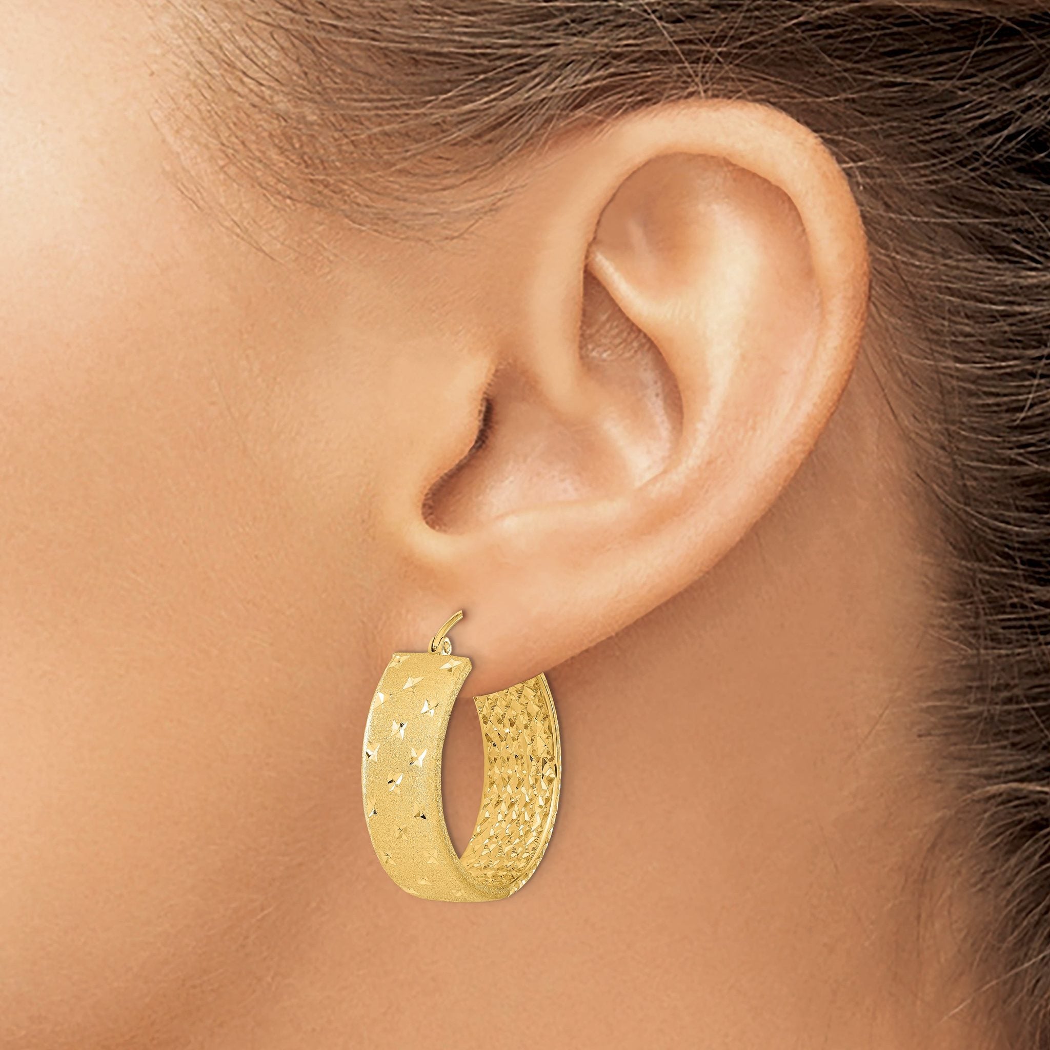 14k Polished Satin and Diamond-cut Hoop Earrings