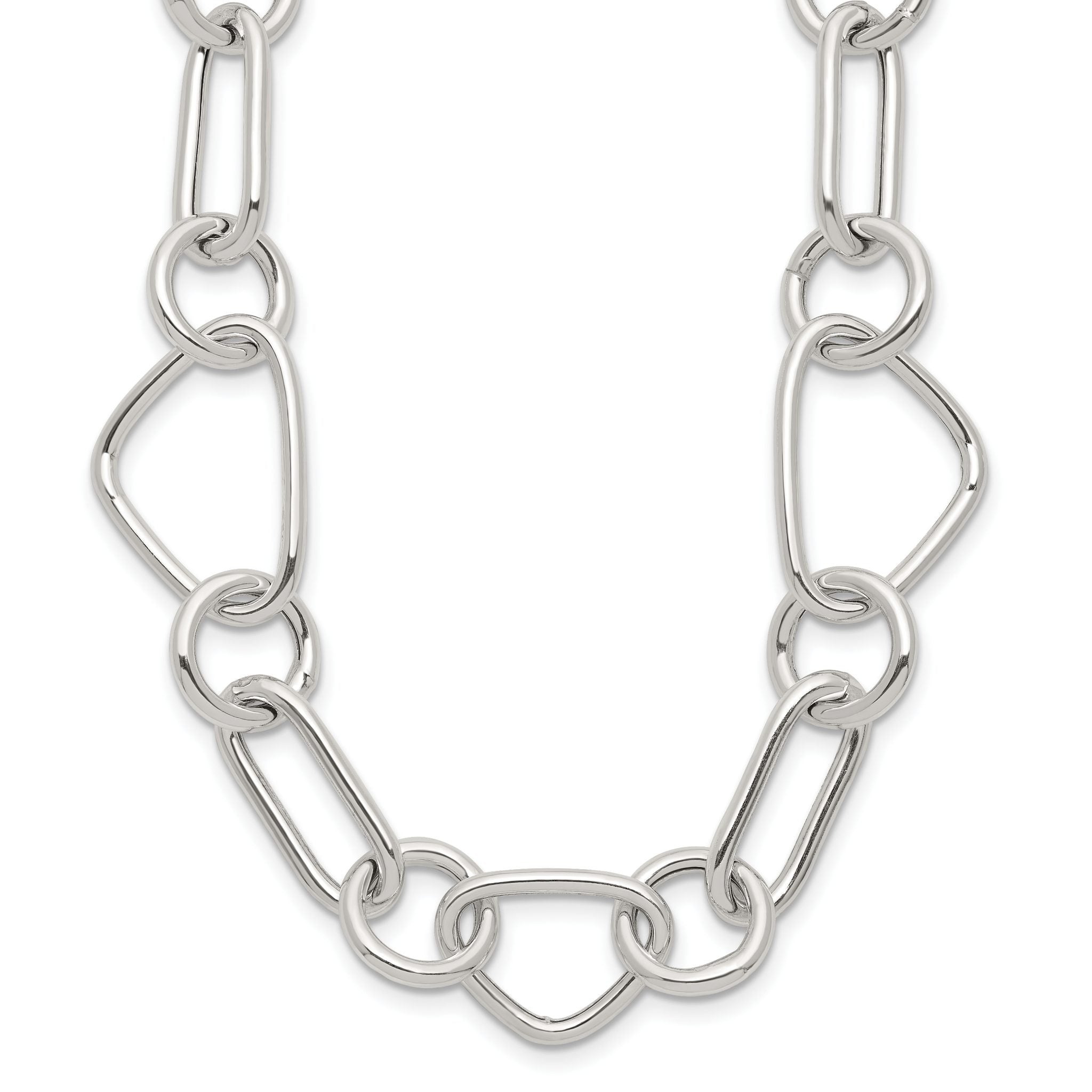 Sterling Silver Polished Triangle Round and Oval Link 17.5 inch Necklace