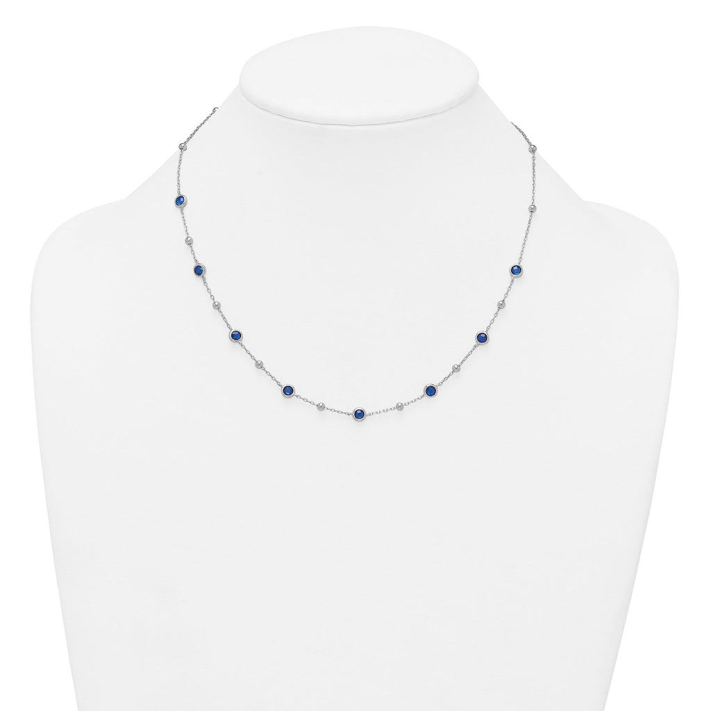 Sterling Silver Rhodium-plated Polished and Beaded Bezel-set Round Blue CZ 16 Inch with 2 Inch Extension Necklace