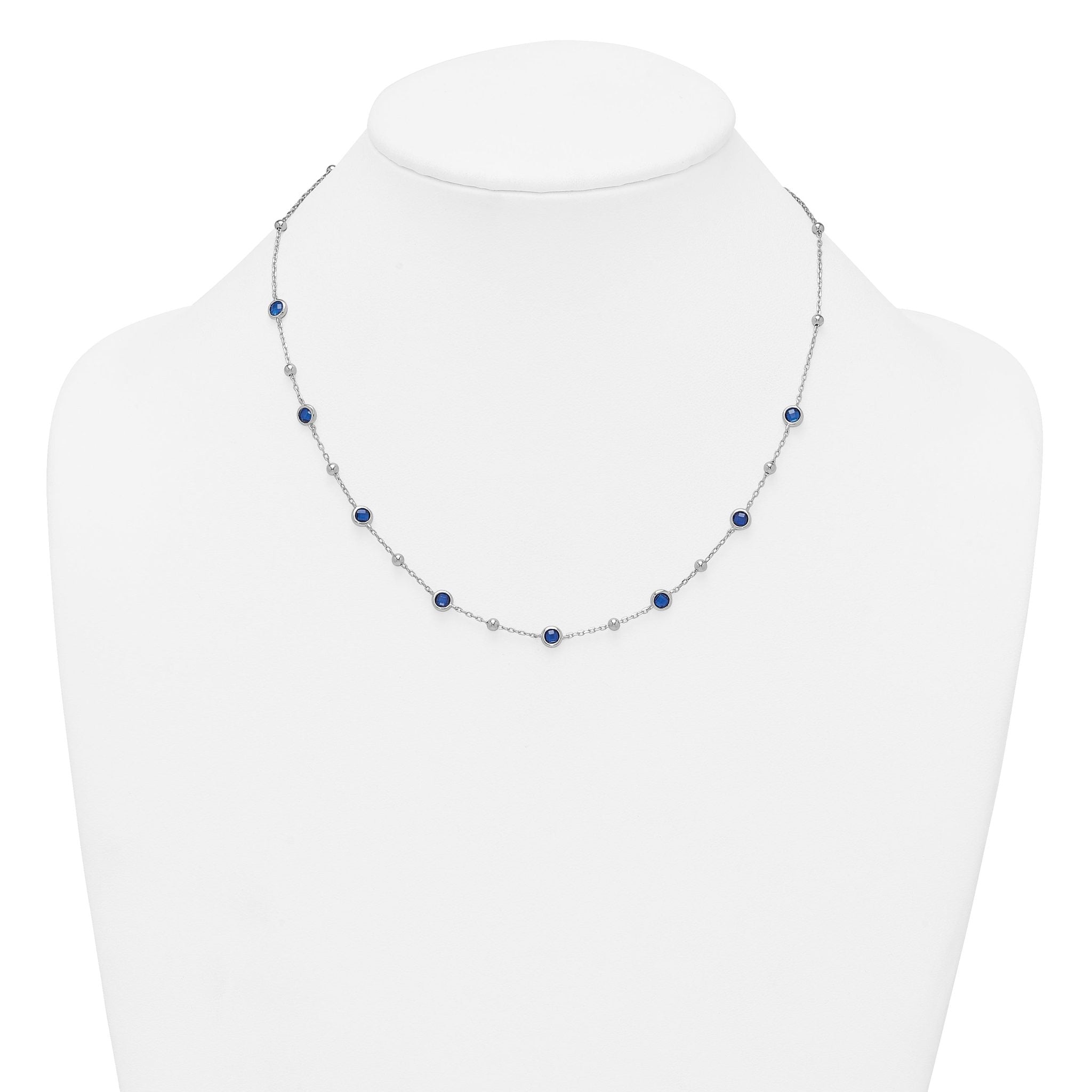 Sterling Silver Rhodium-plated Polished and Beaded Bezel-set Round Blue CZ 16 Inch with 2 Inch Extension Necklace