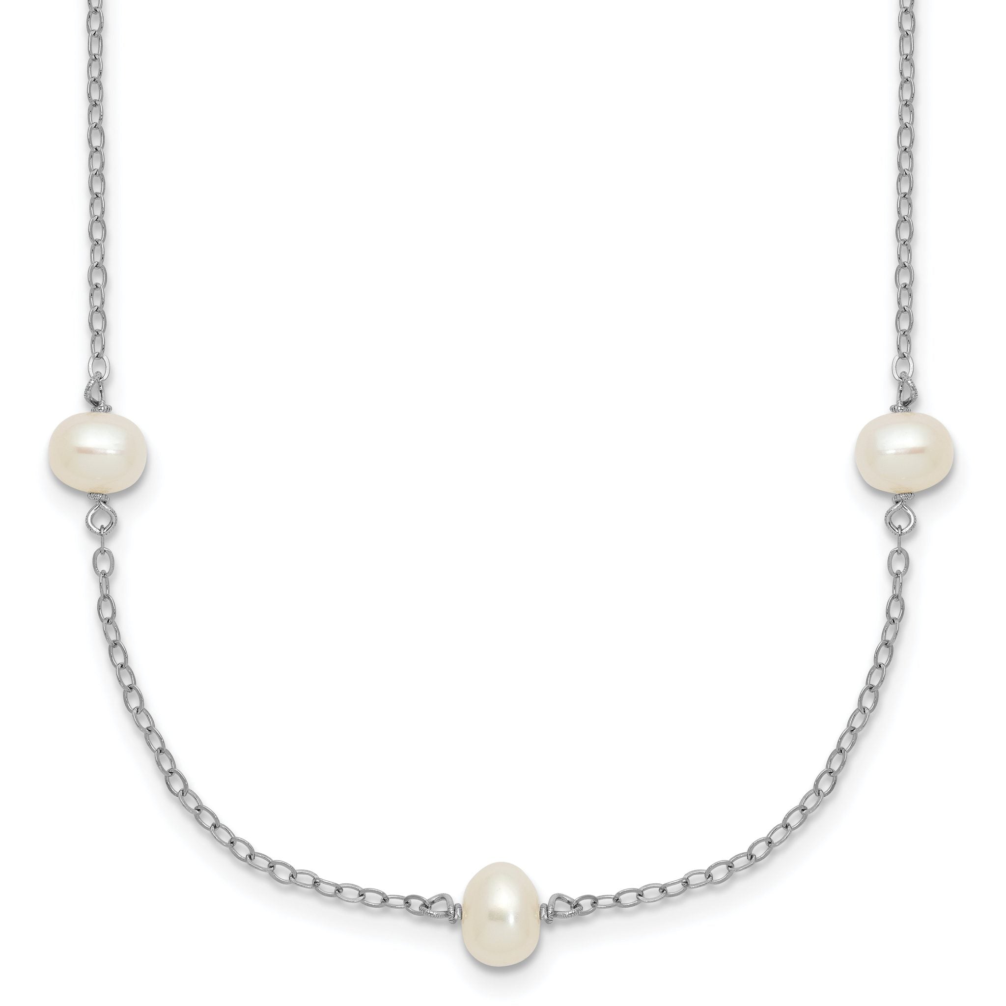 Sterling Silver Rhodium-plated 4-5mm White Near Round Freshwater Cultured Pearl 9-station 16 inch Necklace