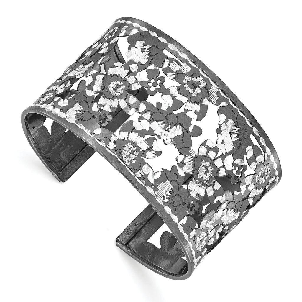 Sterling Silver 925 Cuff Bangle with Ruthenium Diamond-Cut Finish for Women