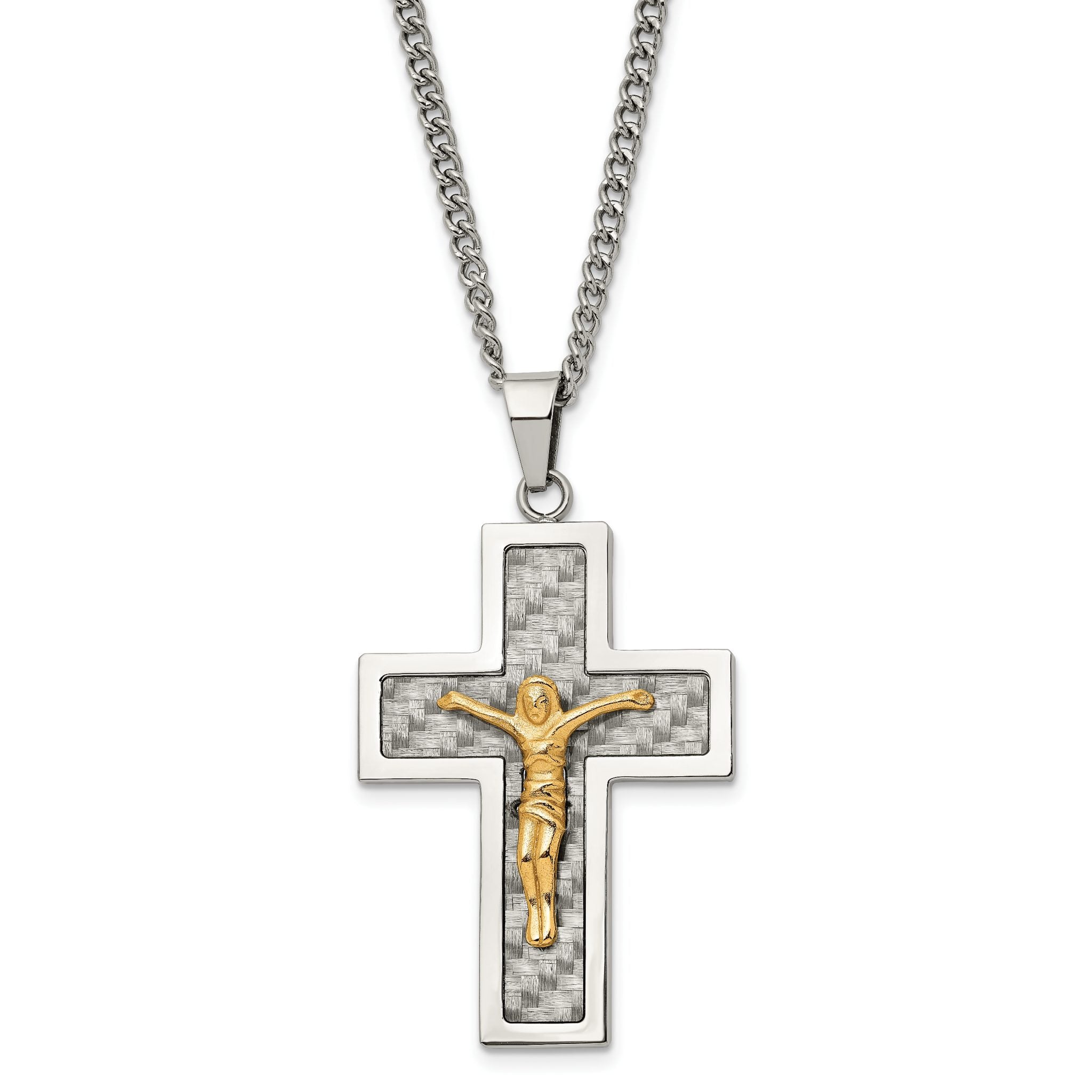 Chisel Stainless Steel Polished Yellow IP-plated Grey Carbon Fiber Inlay Crucifix Pendant on a 24 inch Curb Chain Necklace Main image