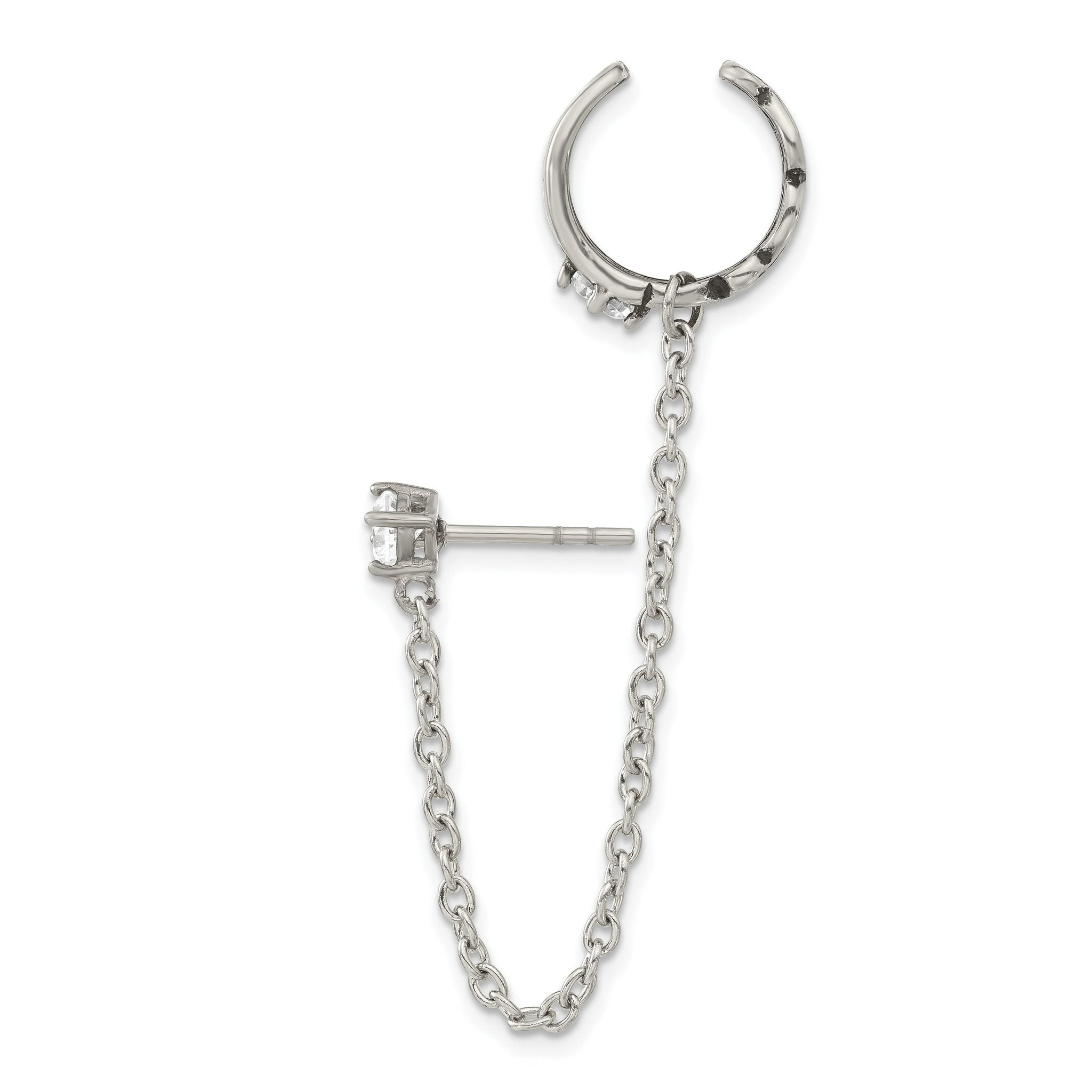 Stainless Steel Polished & Antiqued Cubic Zirconia Ear Cuff Drop Dangle Earrings for Women