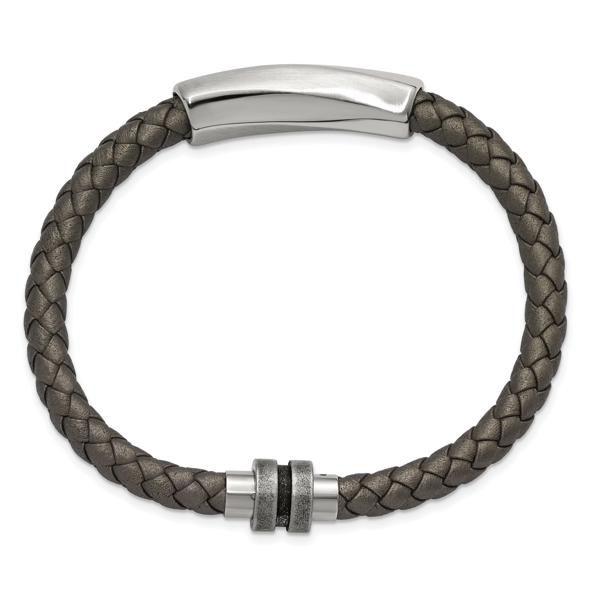 Stainless Steel Antiqued and Brushed Grey Leather Bracelet
