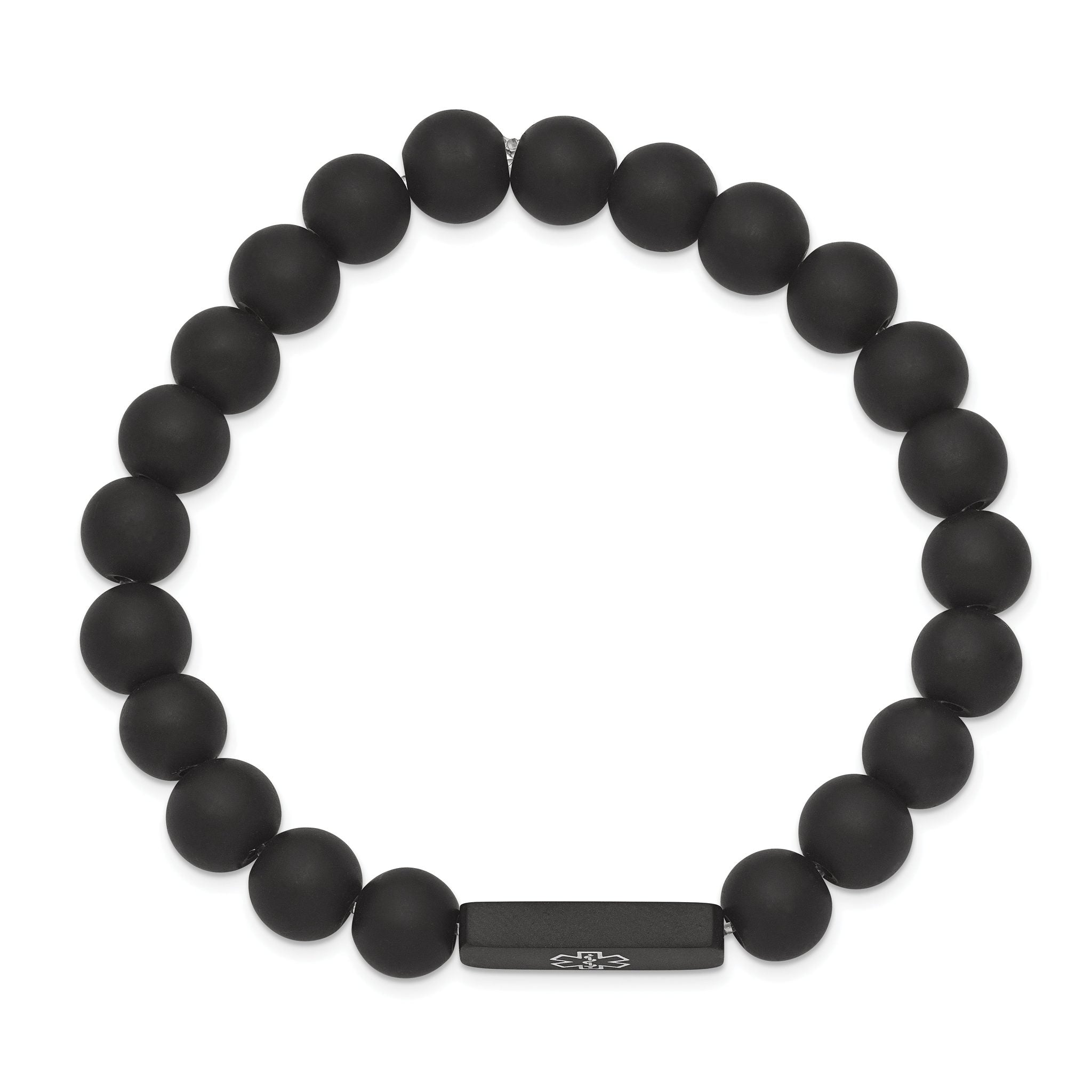 Stainless Steel Brushed Black IP-plated with White Enamel Medical ID 8.5mm Black Agate Beaded Stretch Bracelet