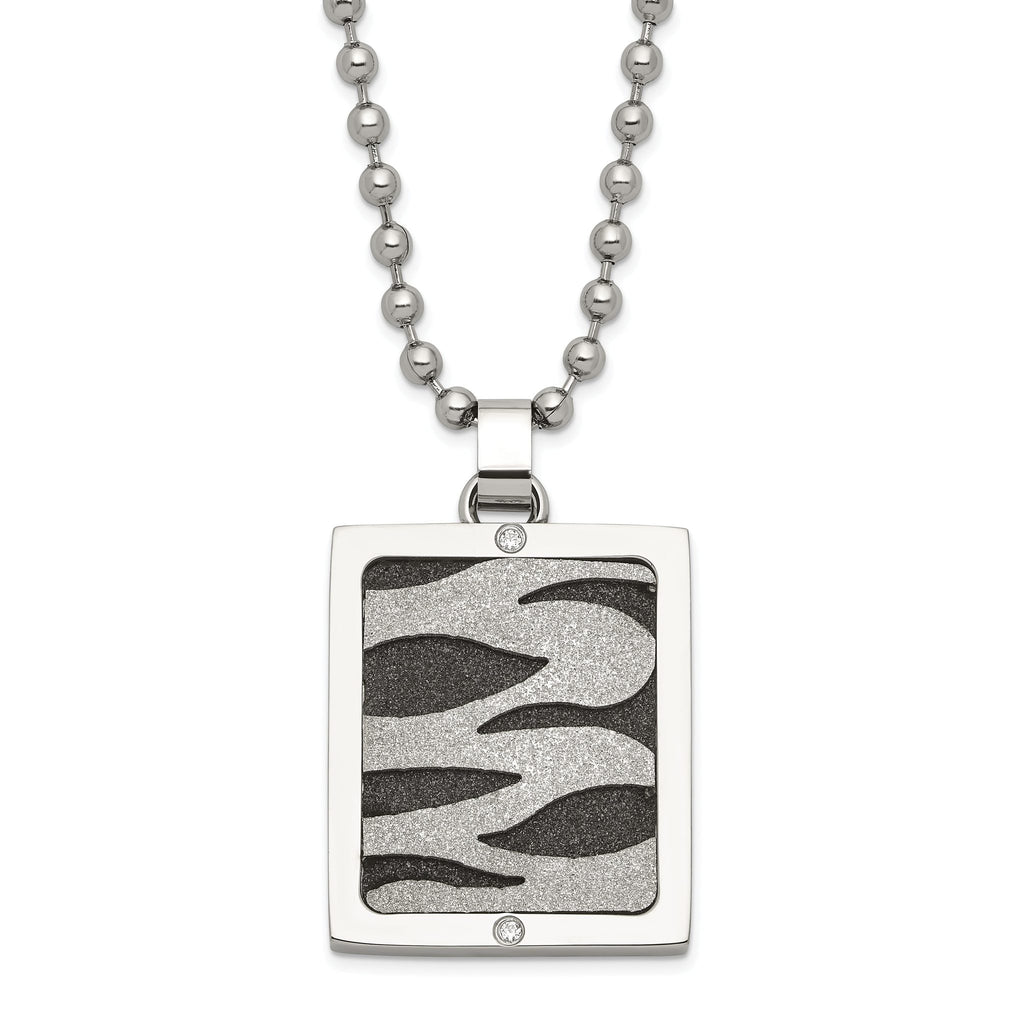 Lasercut CZ Dog Tag Necklace in Stainless Steel & Black