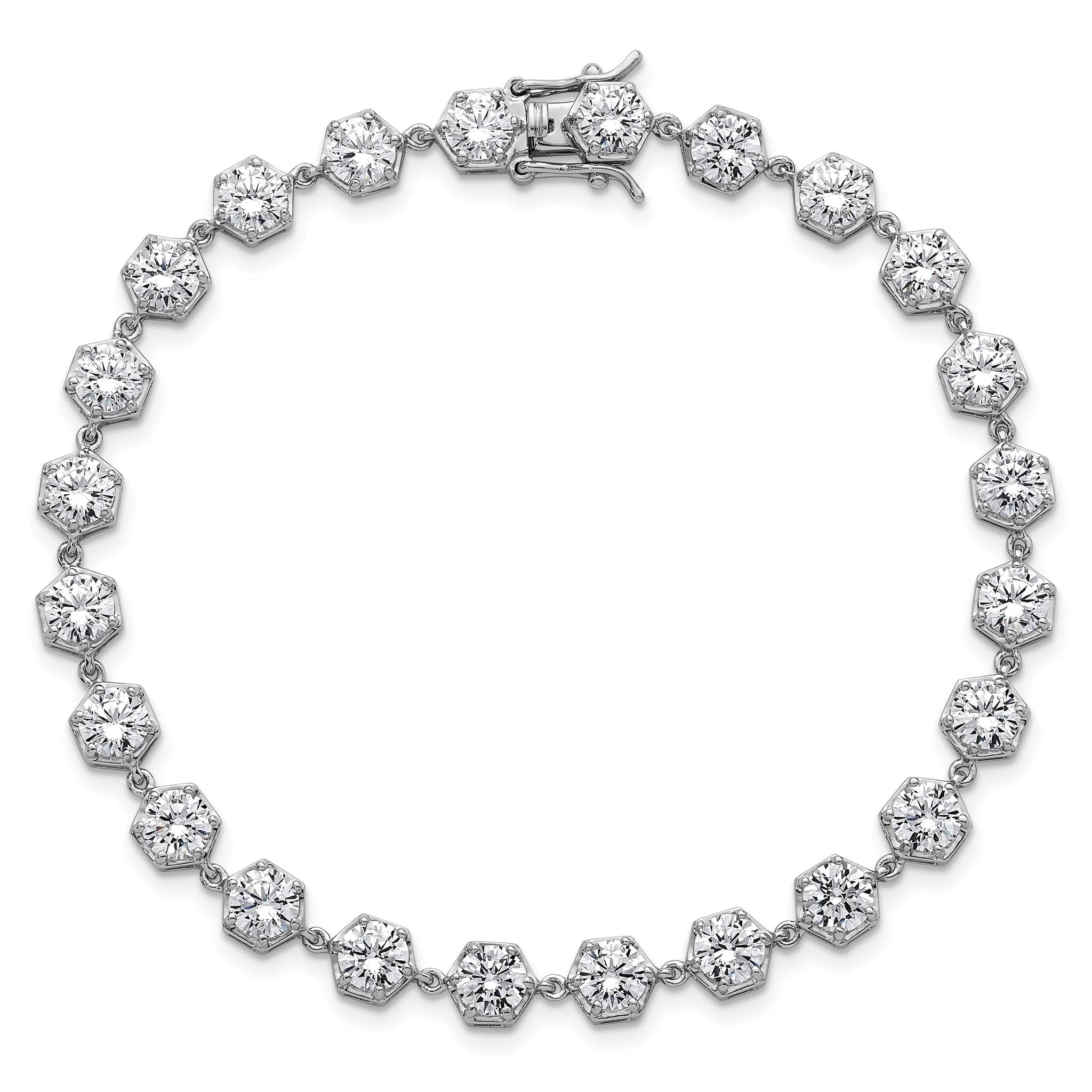 Sterling Silver Rhodium-plated Polished Round CZ in Hexagon Setting 8 Inch Bracelet