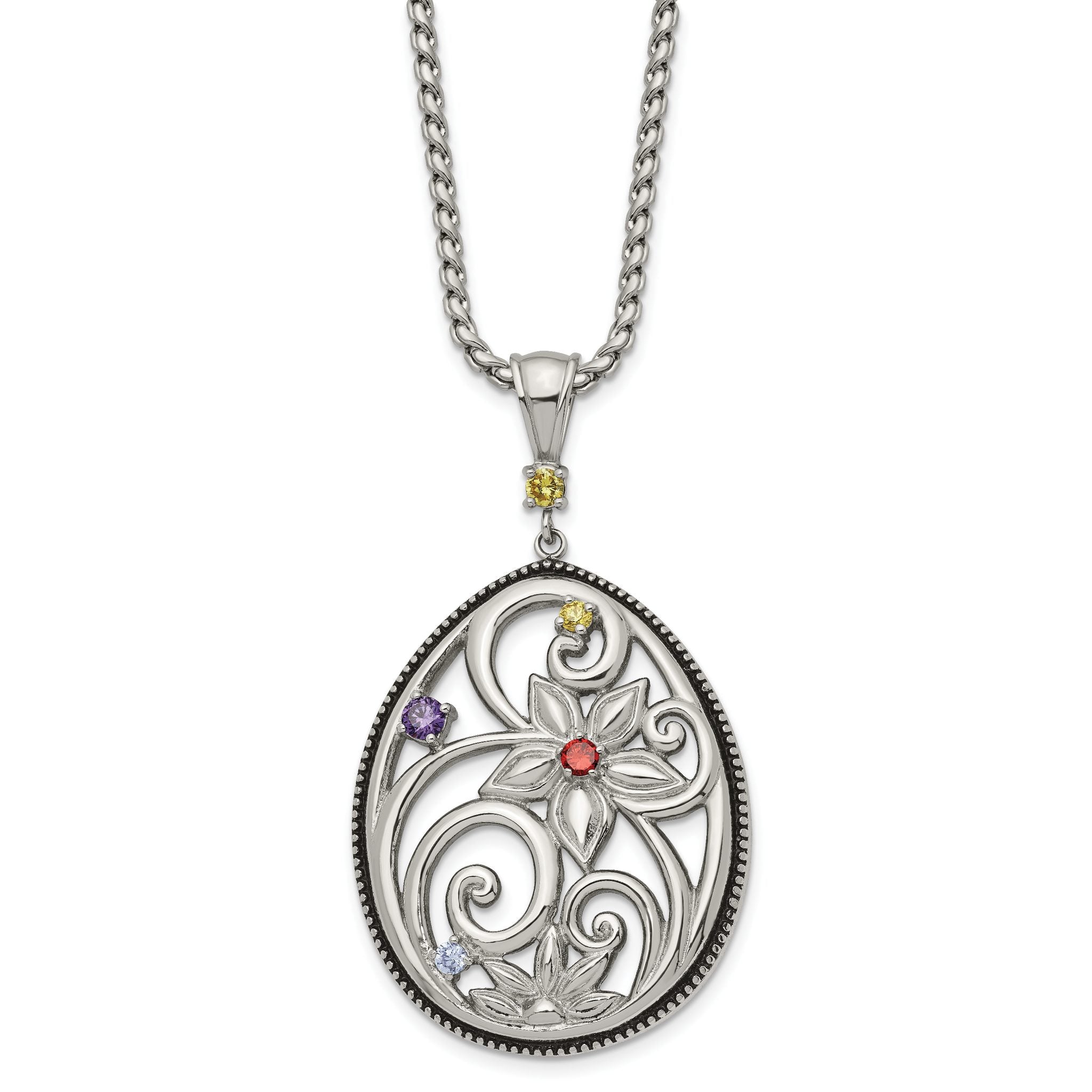 Stainless Steel Antiqued and Polished Multicolor CZ w/1.75in ext Necklace Main image