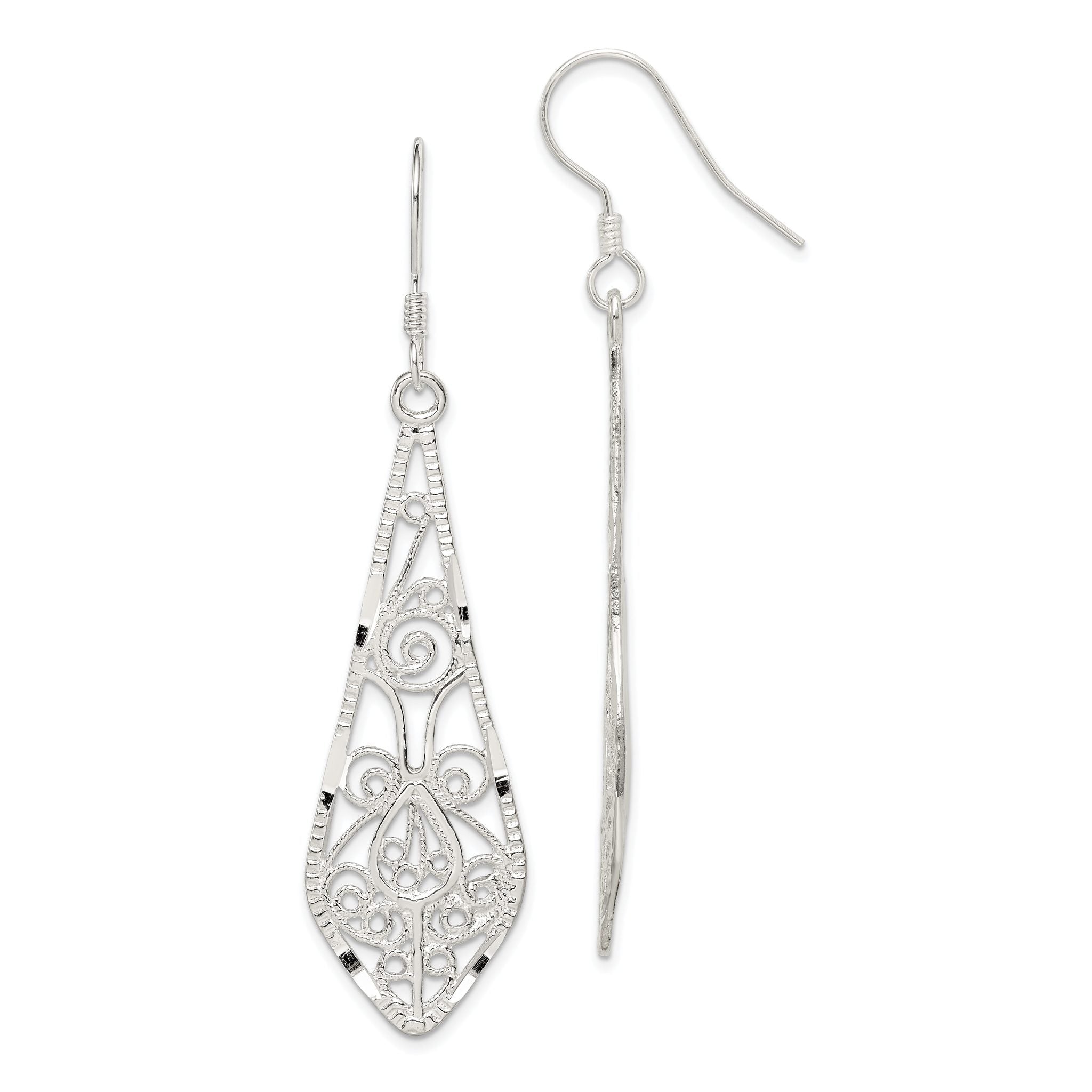 Sterling Silver Polished D/C Filigree Elongated Teardrop Dangle Earrings Main image