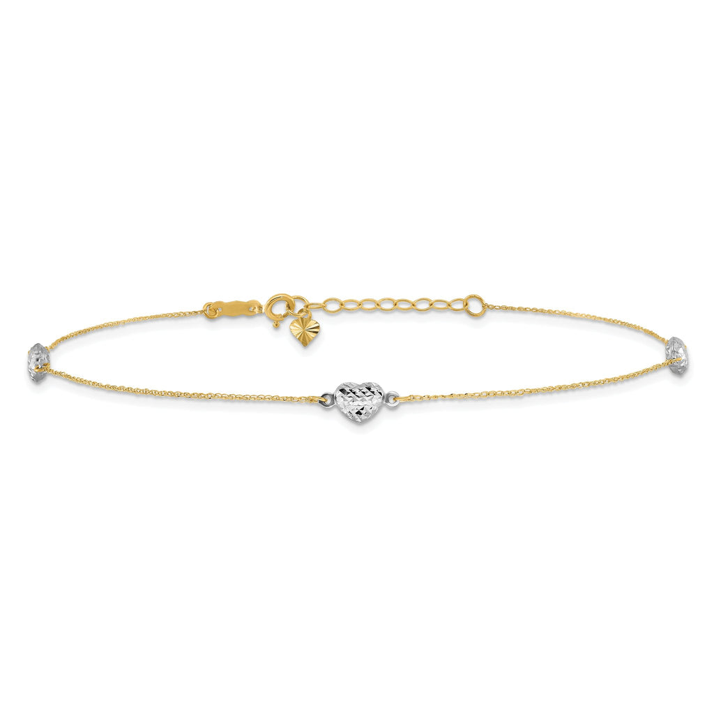 14k Two-tone Diamond-cut Triple Puffed Hearts 9 inch Plus 1 inch Extender - Total 10 inch Anklet