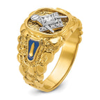 14k Two-tone Men's Polished and Nugget Textured Diamond Blue Lodge Master Masonic Ring