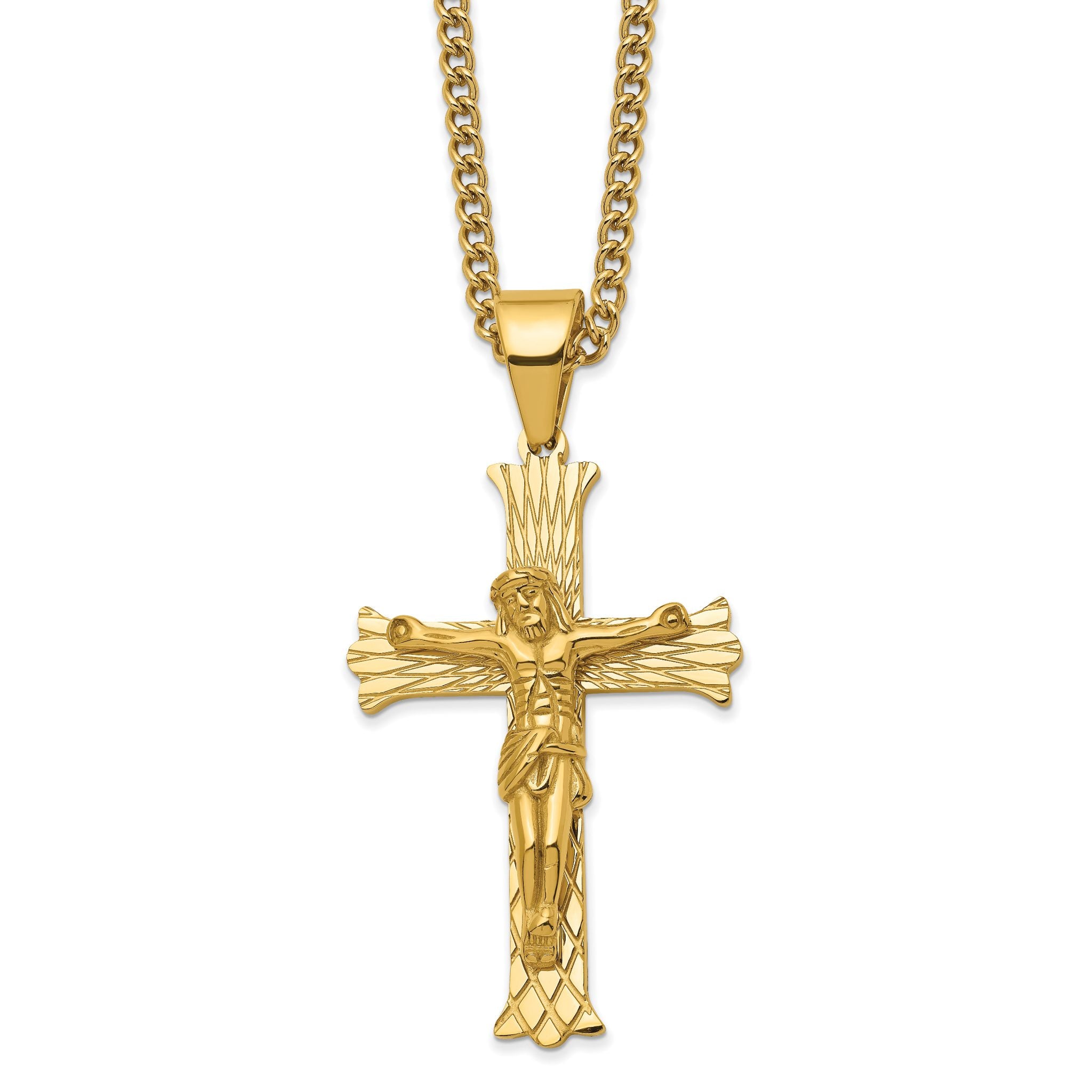 Chisel Stainless Steel Polished Yellow IP-plated Crucifix Pendant on a 24 inch Curb Chain Necklace Main image
