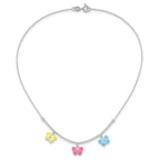 Sterling Silver Polished Yellow, Pink and Blue Enameled Three Butterfly Children's Necklace
