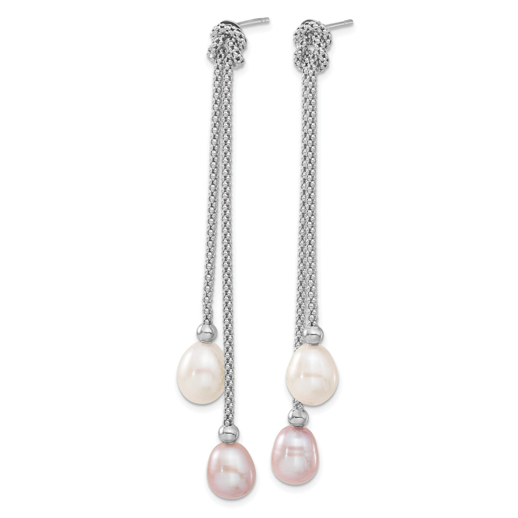 Sterling Silver Rhodium-plated 7-8mm Pink and White Teardrop Freshwater Cultured Pearl Knot 18 inch Necklace and Post Dangle Earrings Set