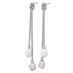Sterling Silver Rhodium-plated 7-8mm Pink and White Teardrop Freshwater Cultured Pearl Knot 18 inch Necklace and Post Dangle Earrings Set