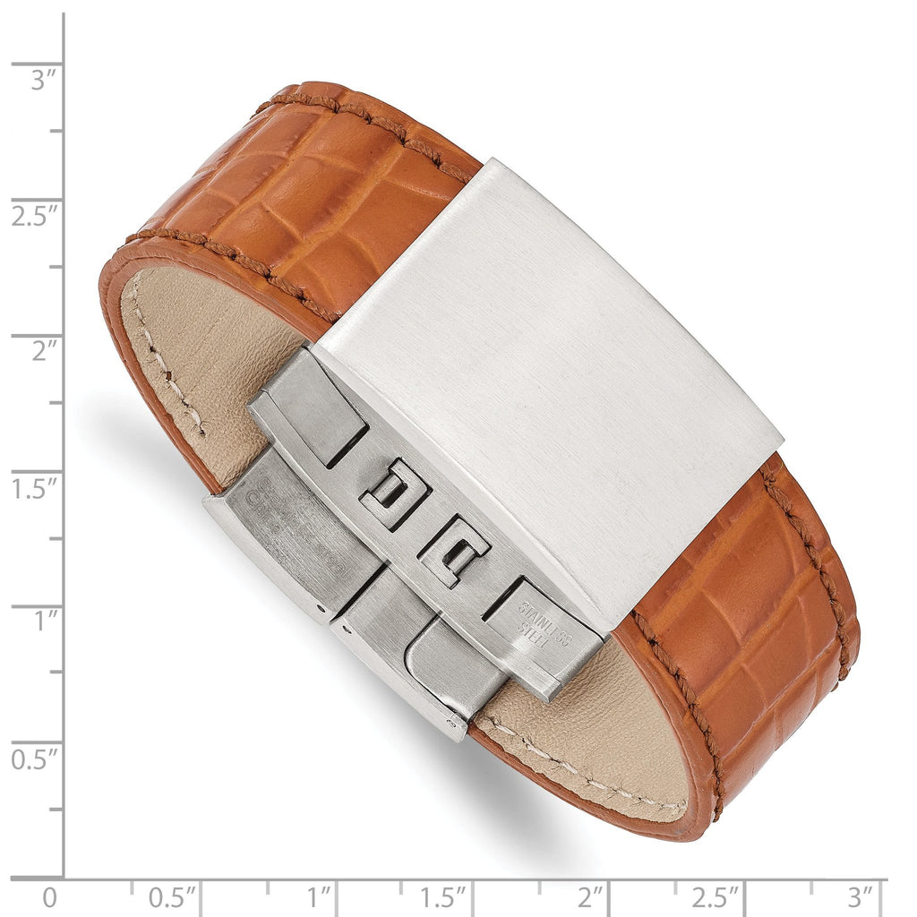 Stainless Steel Satin Textured Light Brown Leather ID Bracelet for Men