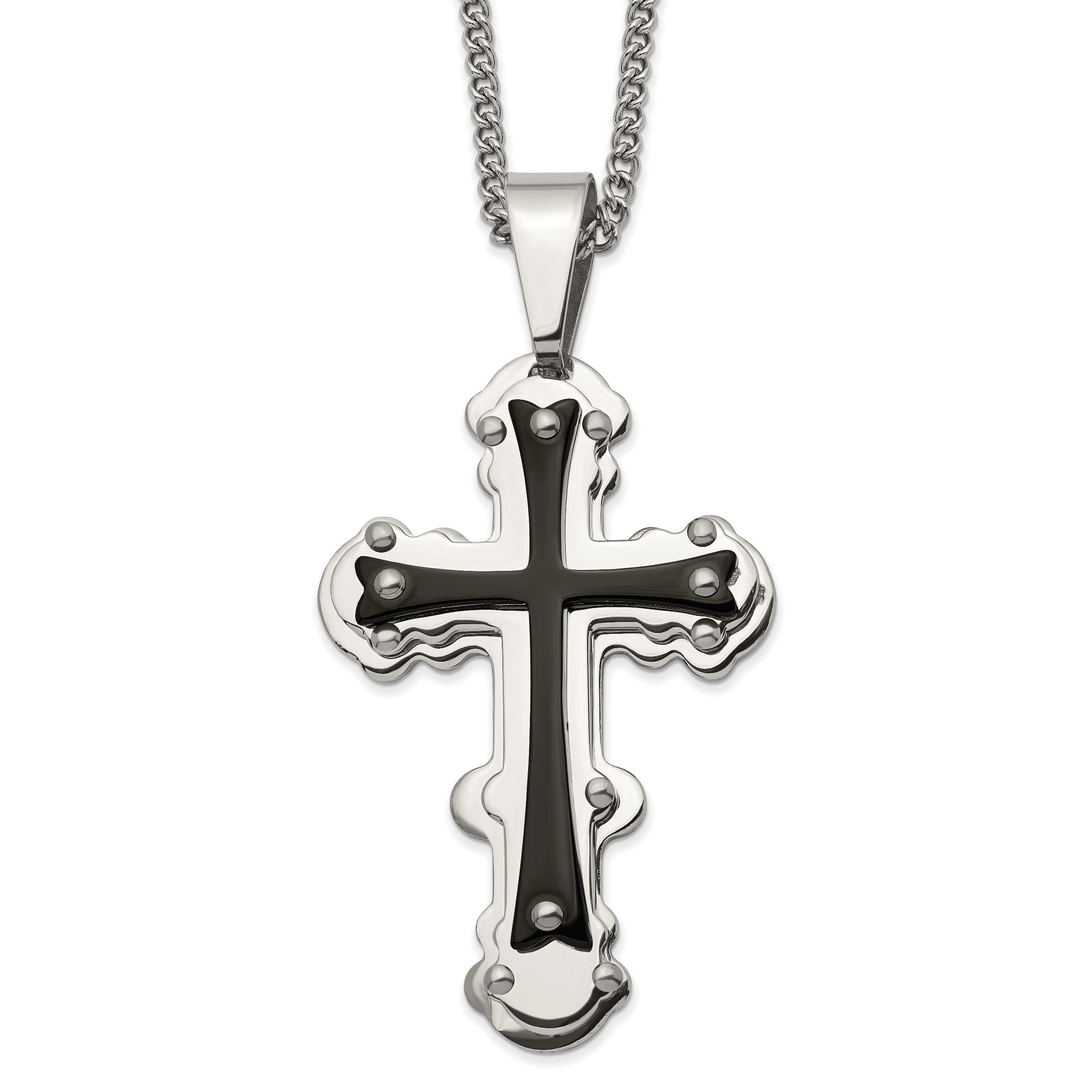 Chisel Stainless Steel Polished Black IP-plated Cross Pendant on a 24 inch Curb Chain Necklace