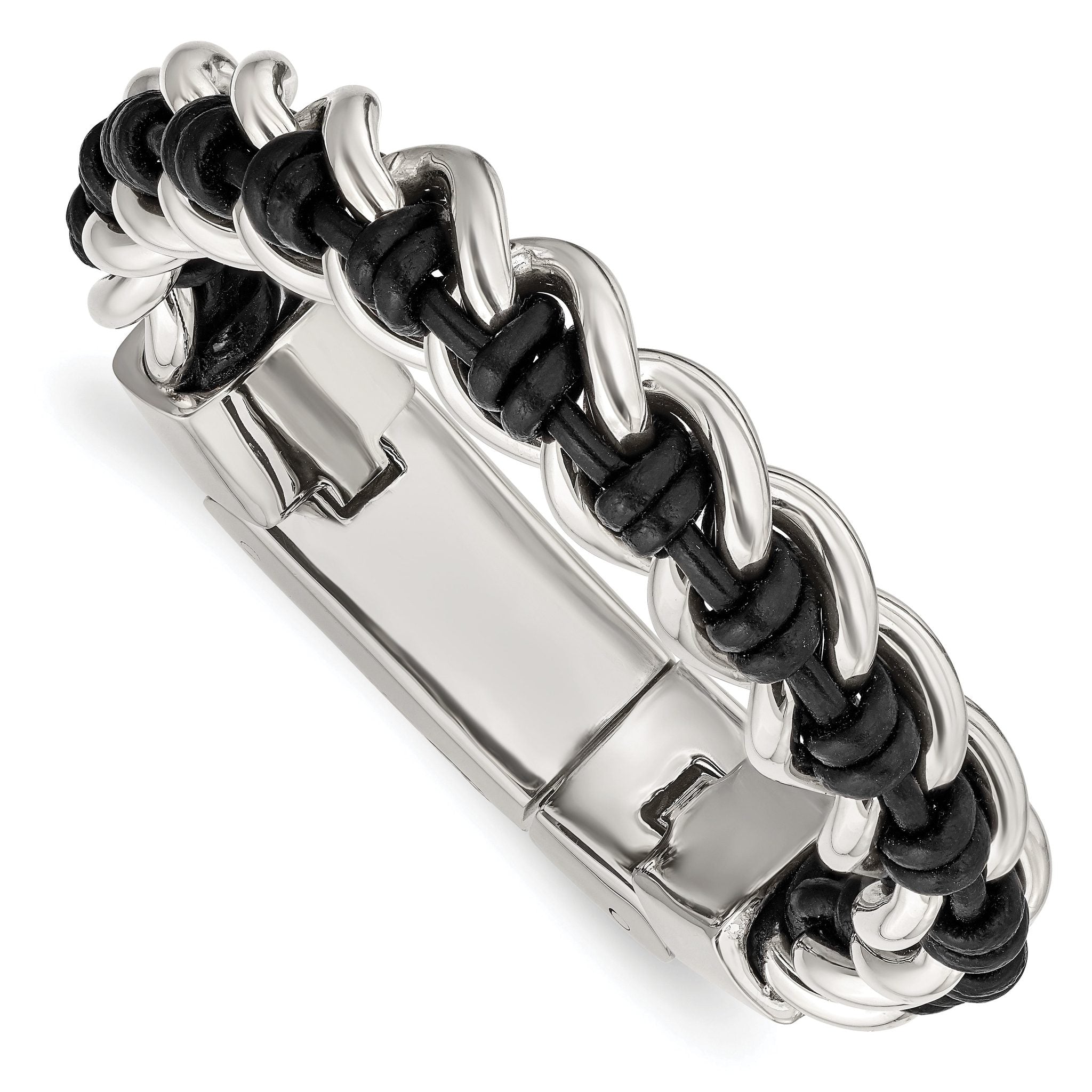 Stainless Steel Polished Black Leather Bracelet for Men Main image