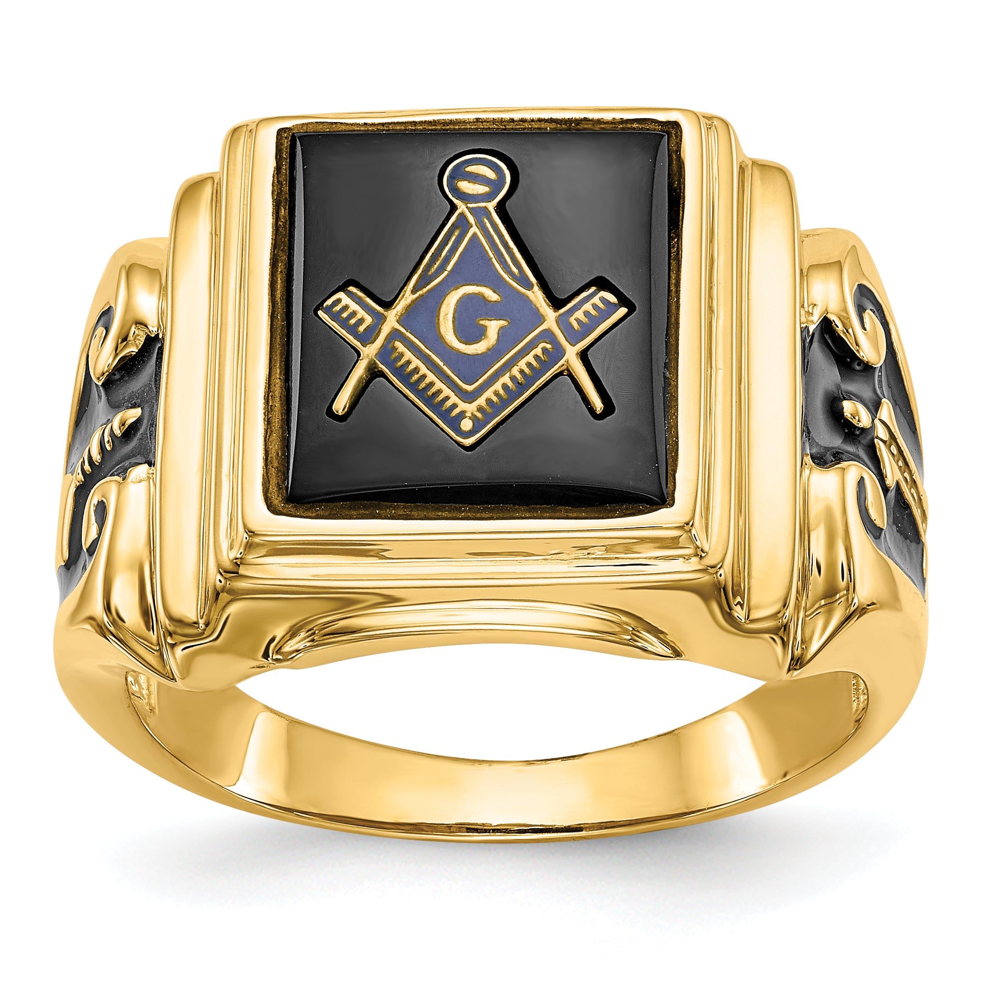 10k Men's Polished and Textured with Black Enamel and Onyx Masonic Ring Main image