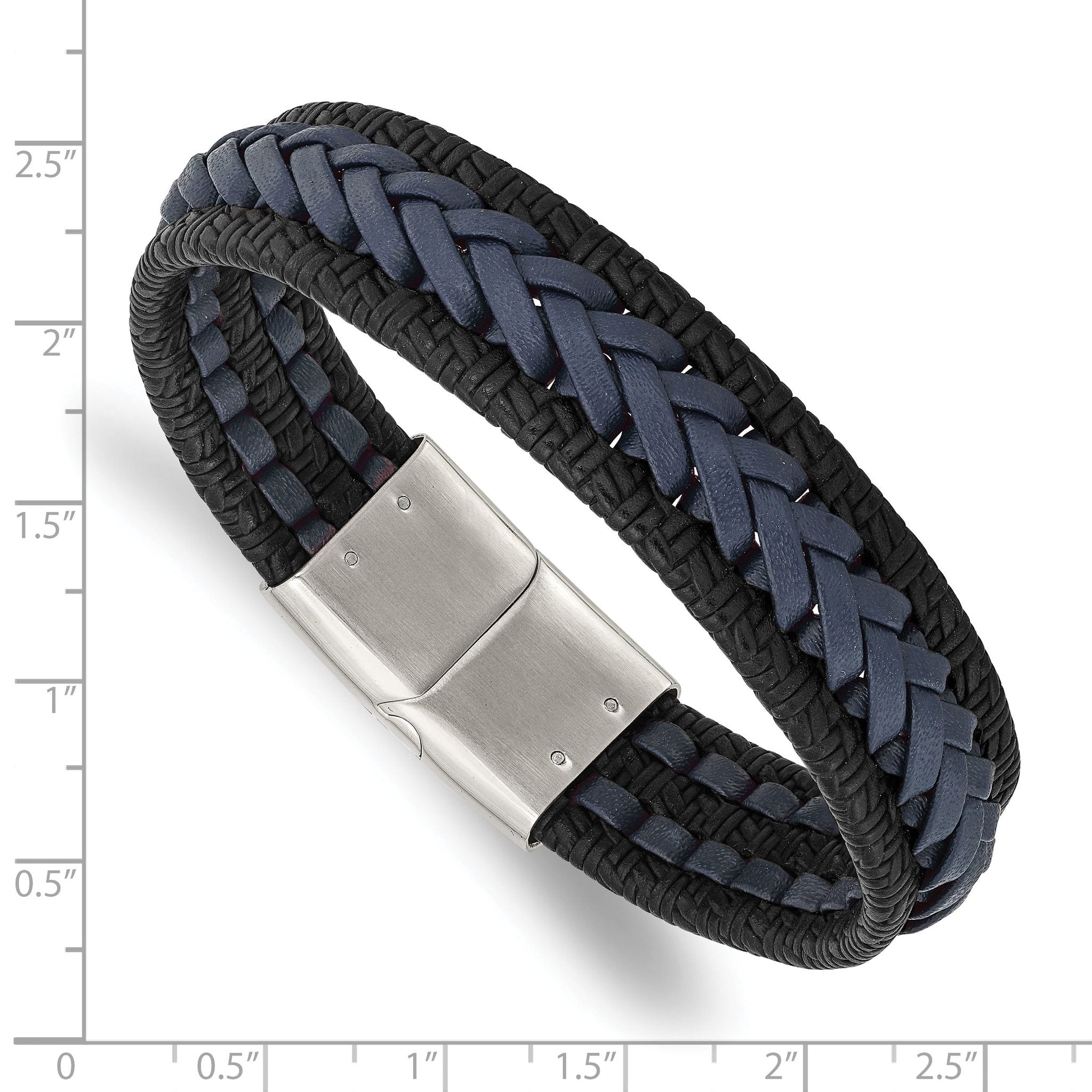 Stainless Steel Polished Black and Blue Braided Leather Bracelet for Men