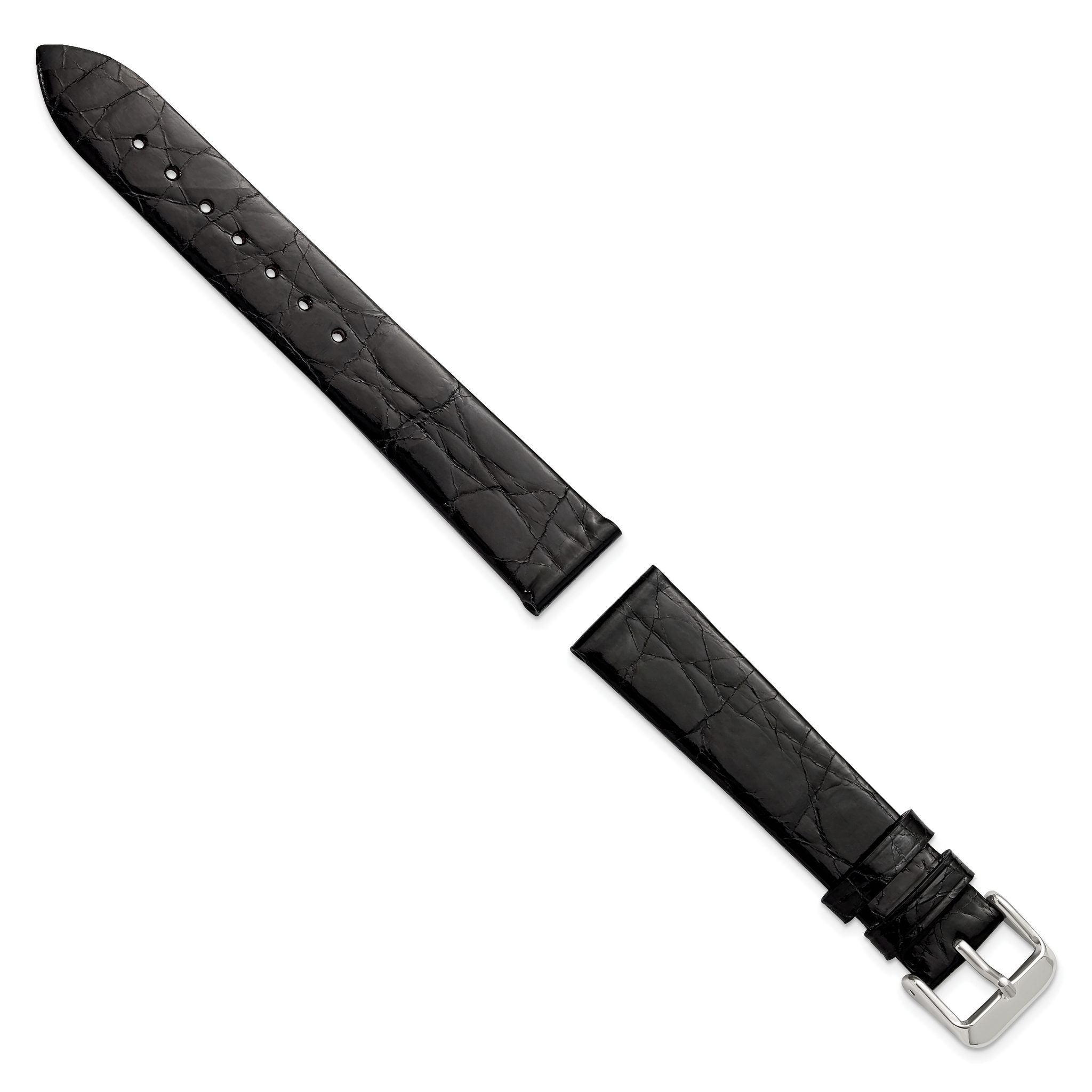 16mm Black Flat Genuine Crocodile Leather with Silver-tone 7.5 inch Watch Band Secondary image