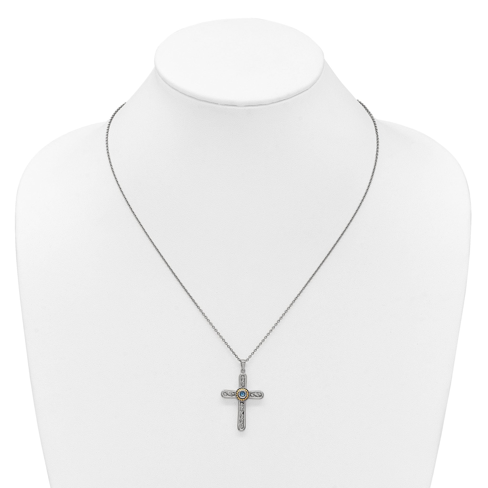 Shey Couture Sterling Silver Rhodium-plated with 14k Accent Round London Blue Topaz Textured Cross 18 inch with 2 inch Extension Necklace