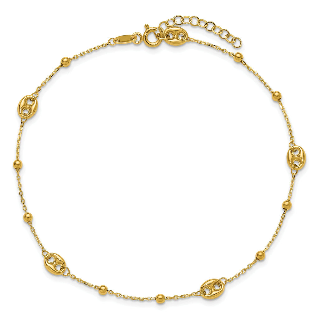 14K Puffed Mariner Beaded 9 inch Plus 1 inch Extender - Total 10 inch Anklet