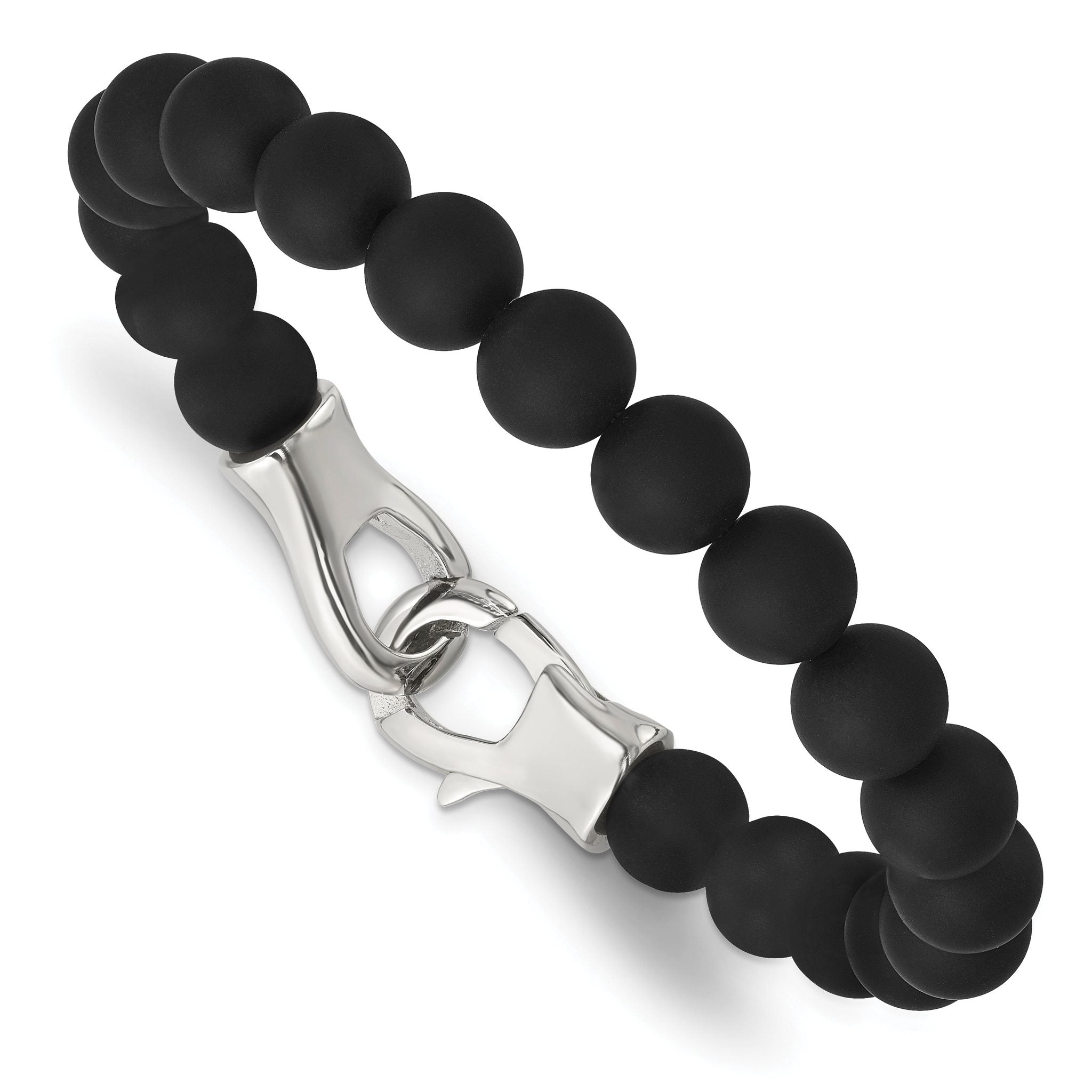 Stainless Steel Polished Black Agate Beaded Bracelet for Men
