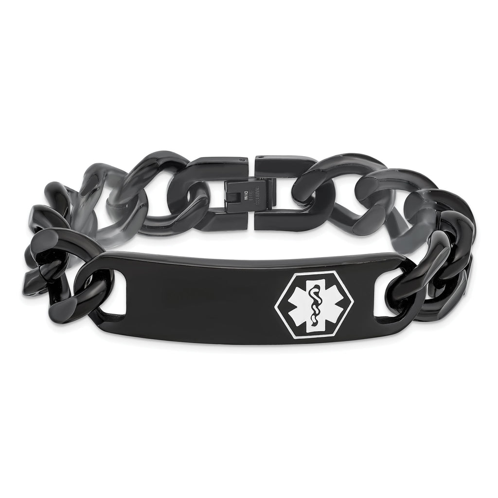 Stainless Steel Polished Black IP-plated with White Enamel Medical ID Curb Chain Bracelet for Men