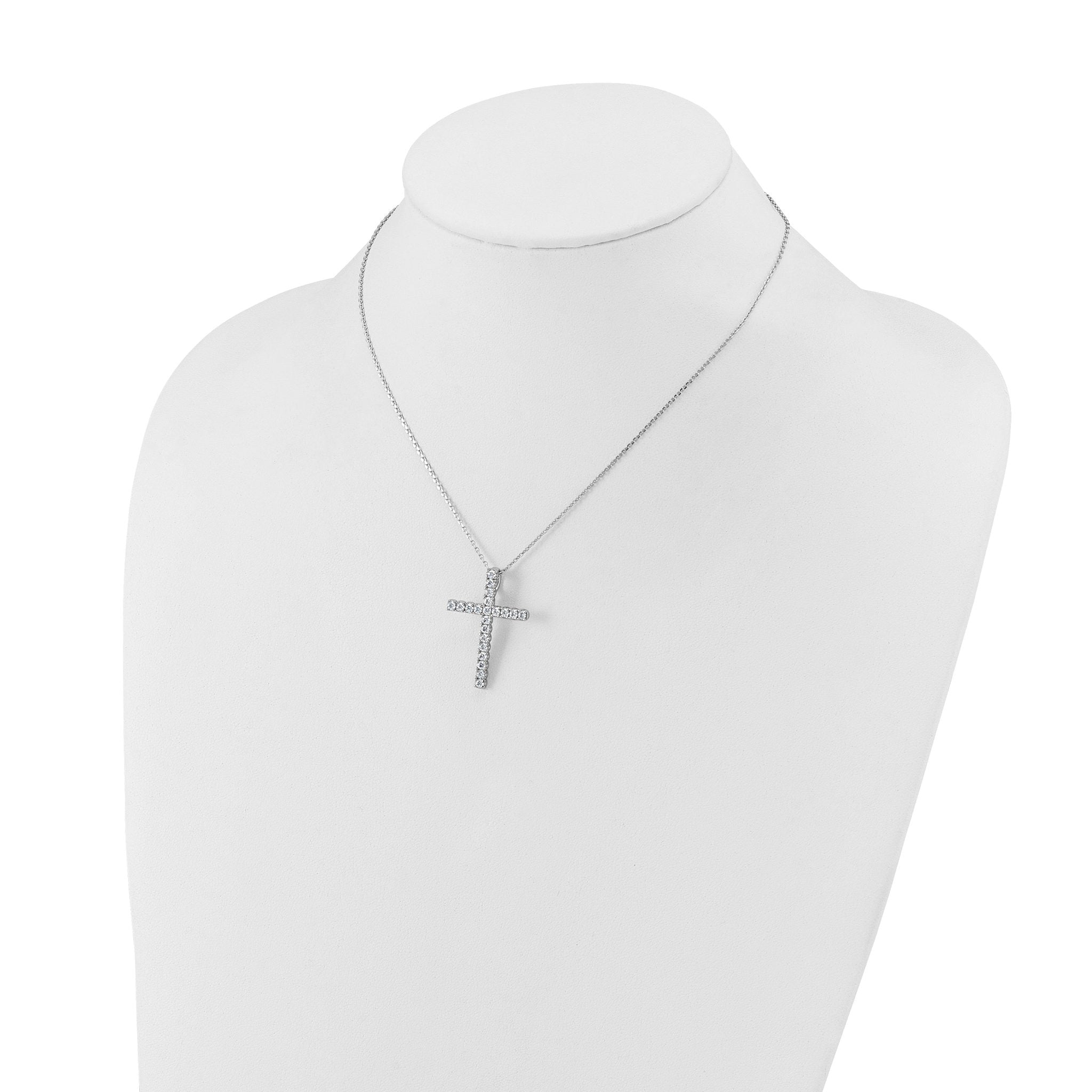 Sterling Shimmer Sterling Silver Rhodium-plated 2.3mm CZ 21 Stone Cross 16 inch with 2 inch Extension Necklace