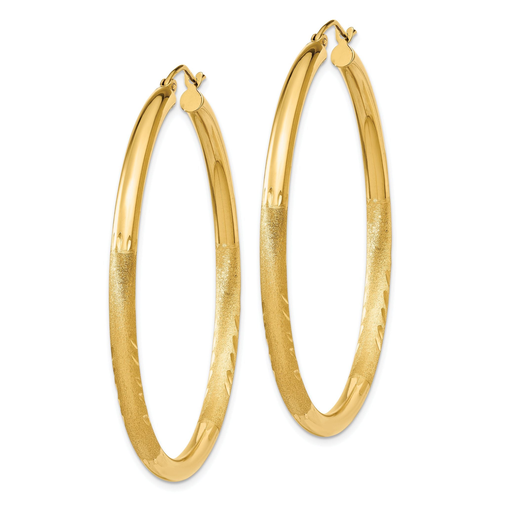14k Satin and Diamond-cut 3mm Round Hoop Earrings Secondary image