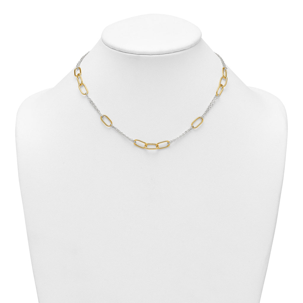 Sterling Silver and Gold-tone Polished Fancy Link and Double Chain 16 inch Necklace