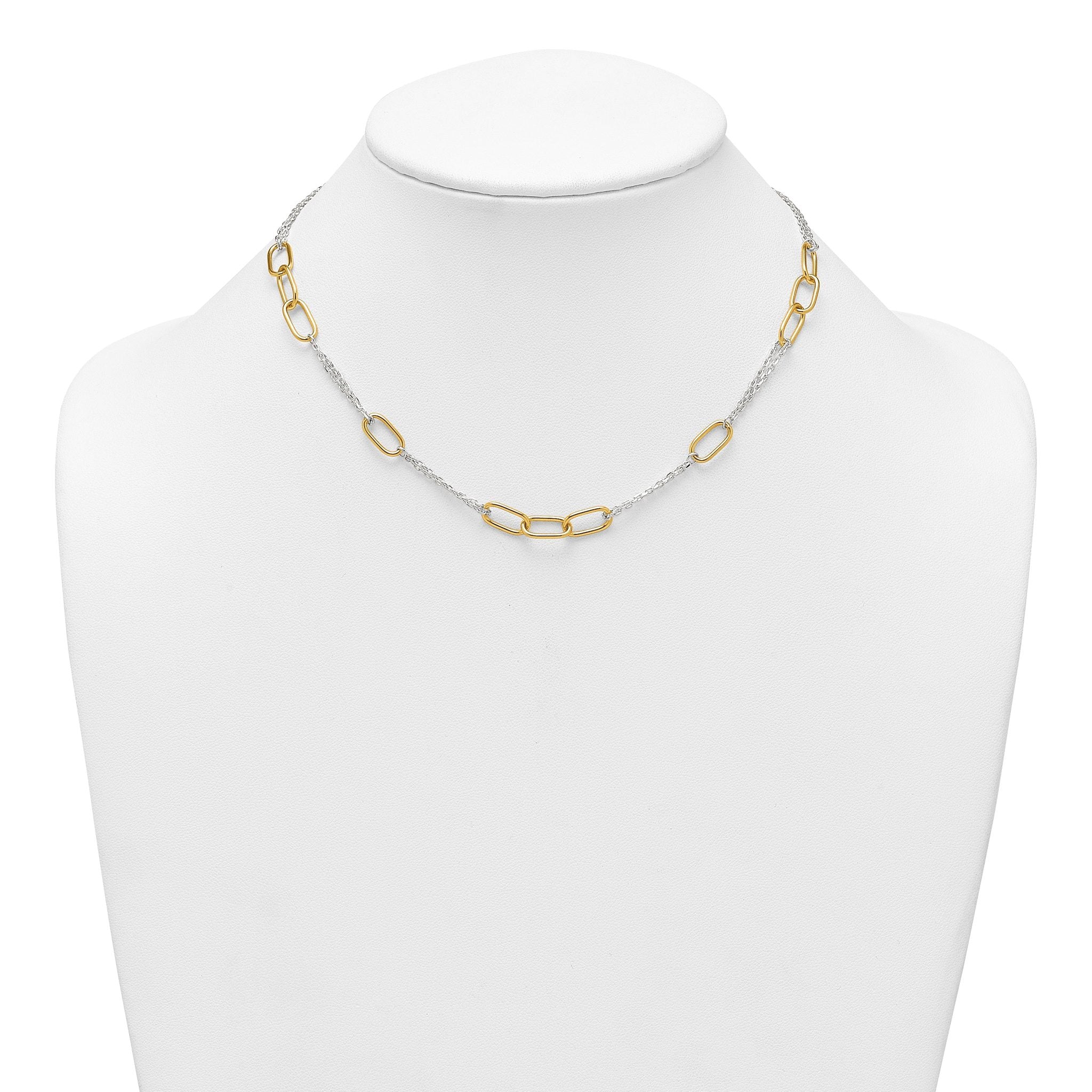 Sterling Silver and Gold-tone Polished Fancy Link and Double Chain 16 inch Necklace