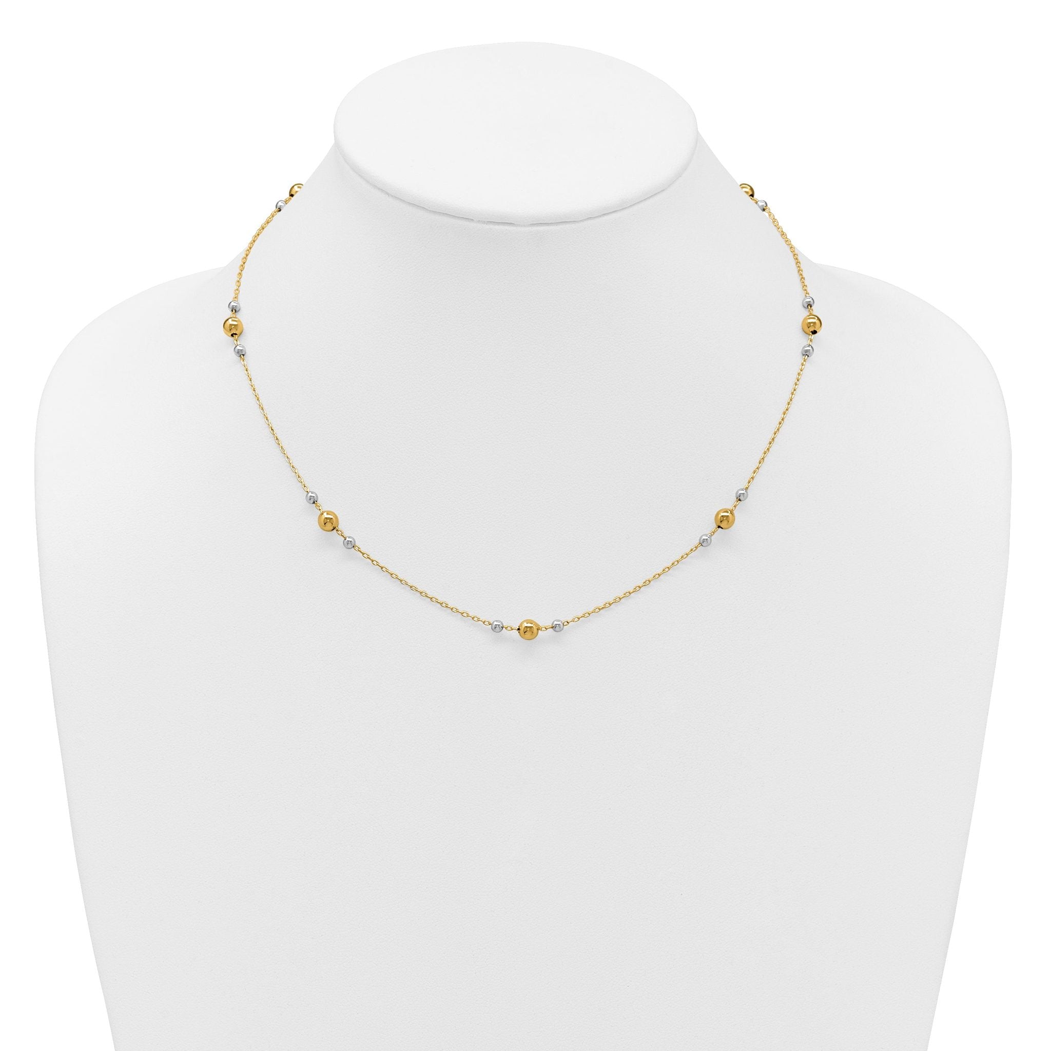 14K w/White Rhodium Polished / Beaded Station Necklace