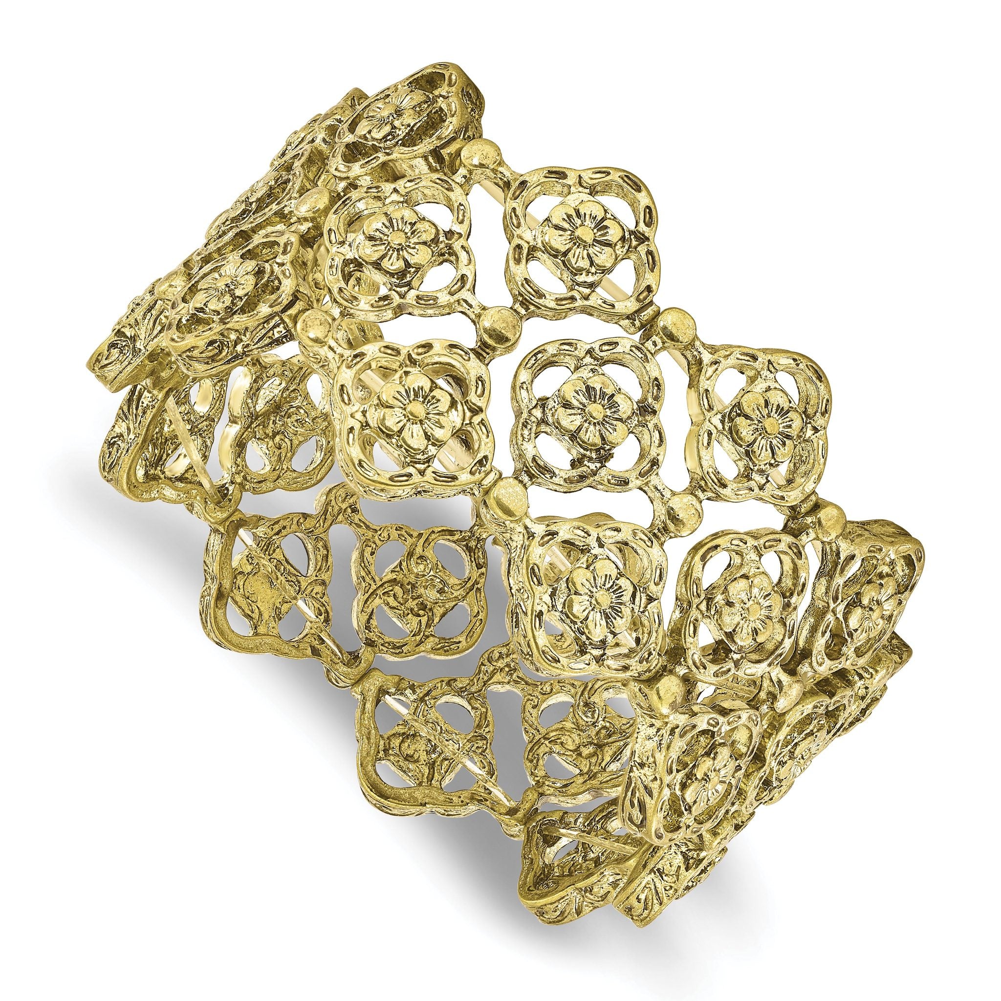 1928 Jewelry Brass-tone Wide Filigree Floral Pattern Link Stretch Bracelet Main image