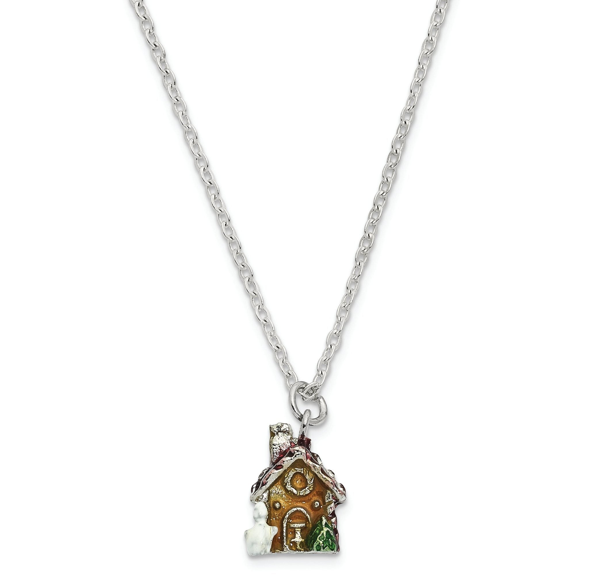 Luxury Giftware by Jere Bejeweled Crystals Silver-tone Enameled LEBKUCHENHAUS Gingerbread House Trinket Box with Matching 18 Inch Necklace
