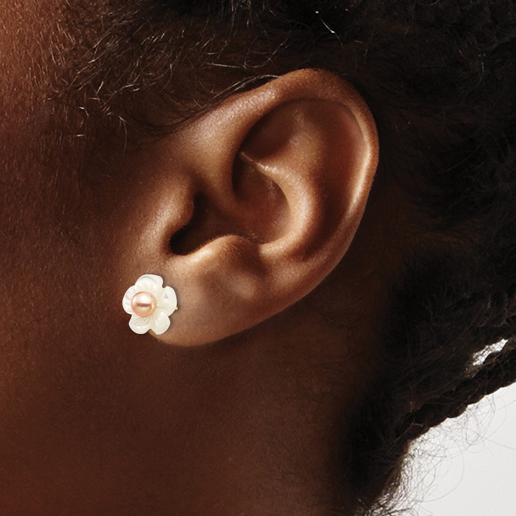 10k 3-4mm Pink Freshwater Cultured Pearl with 10mm Mother of Pearl Flower Post Earrings
