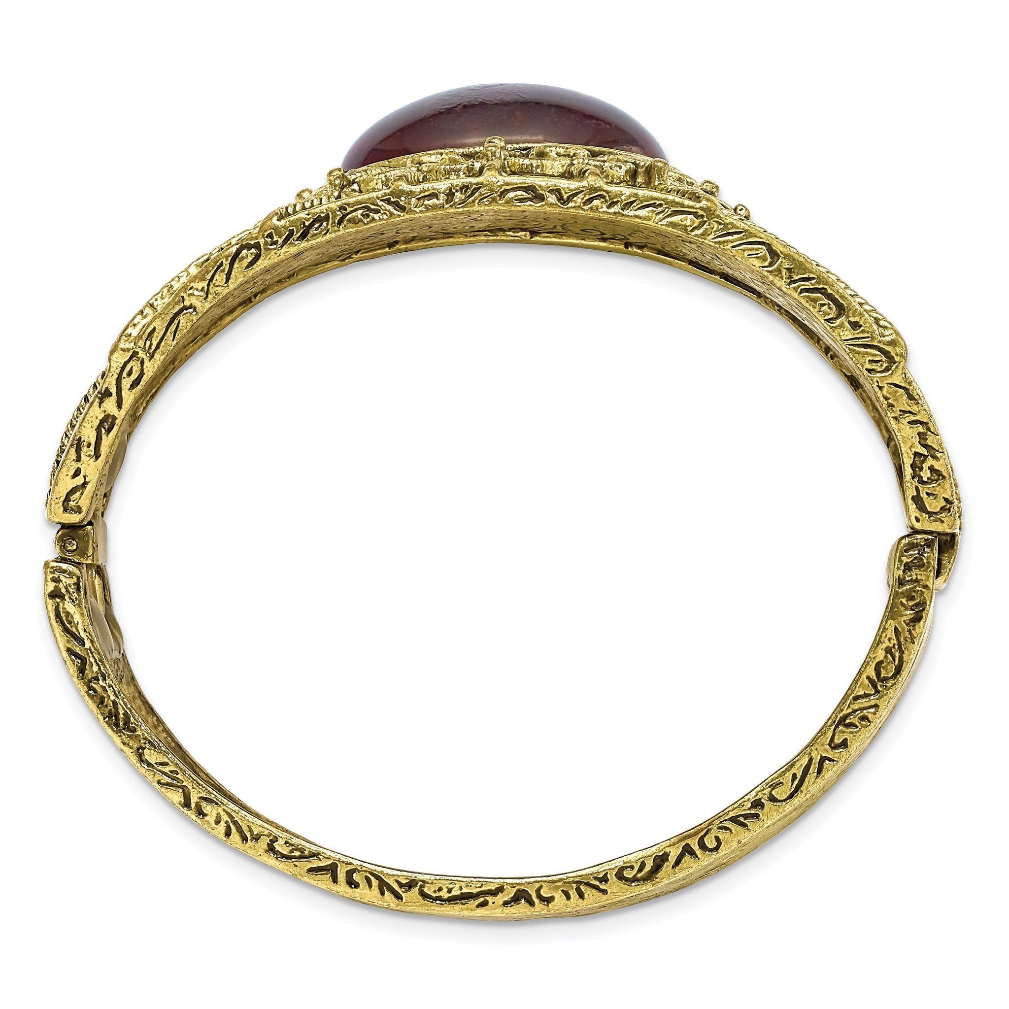 1928 Brass-tone Red Acrylic Stone Hinged Cuff Bangle Main image