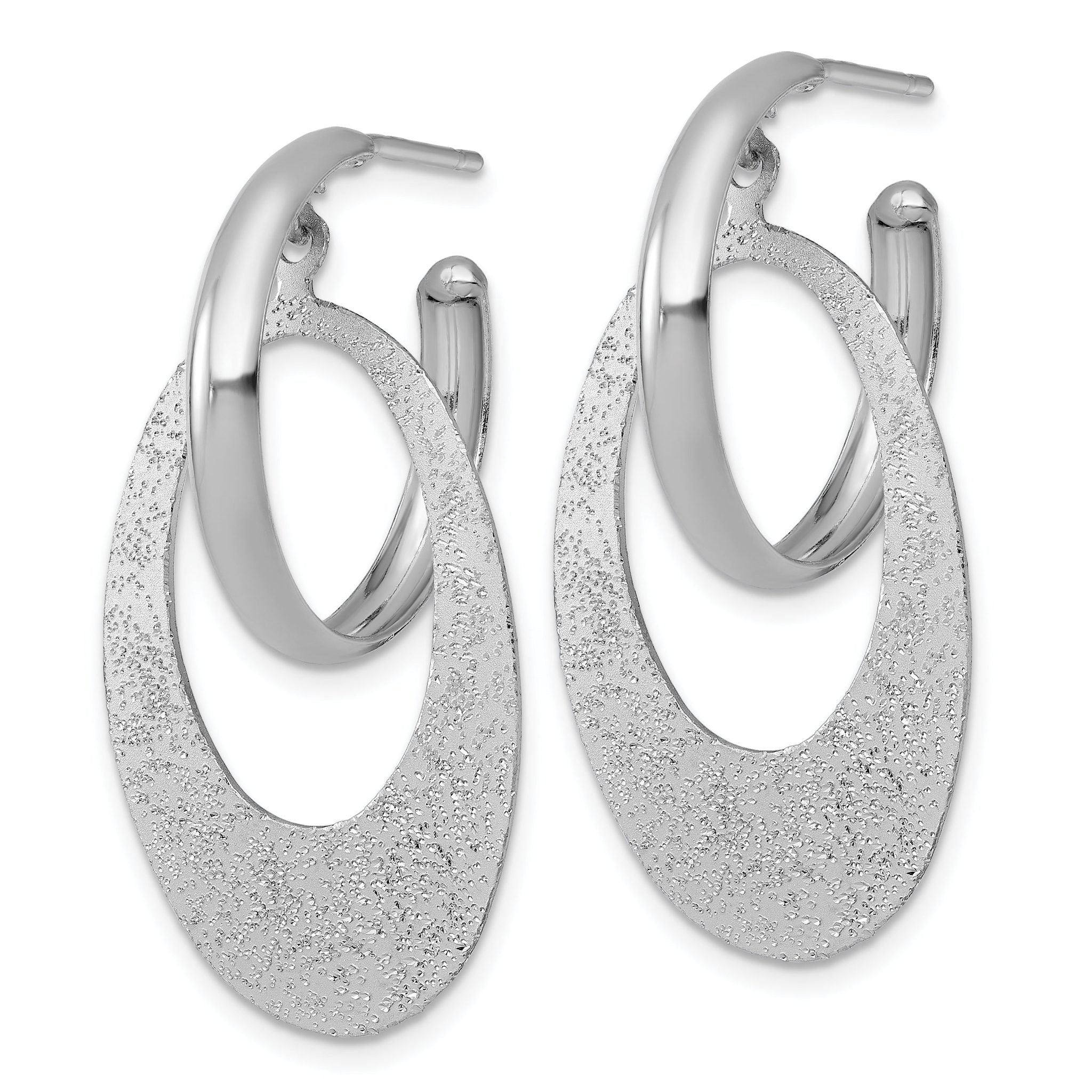 Sterling Silver Rhodium-plated Polished and Brushed Oval Dangle C-Hoop Post Earrings Secondary image