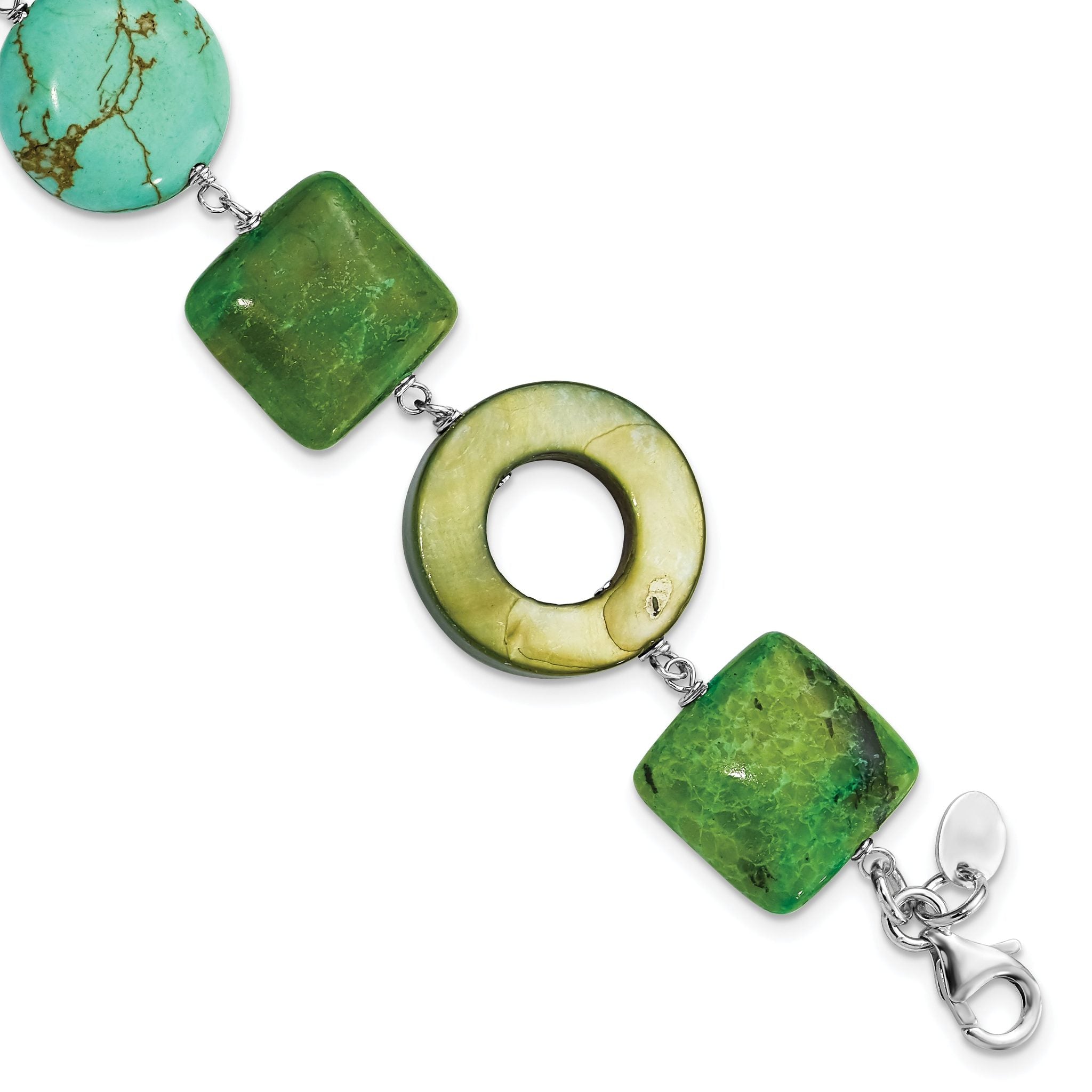 Sterling Silver Chrysocolla, Dyed Howlite & Dyed Mother Of Pearl With  1.5in ext Bracelet