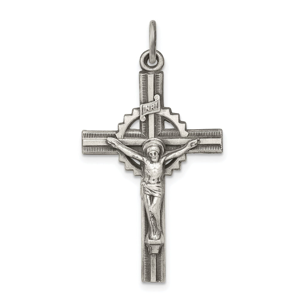 Sterling Silver 925 INRI Crucifix Pendant with Polished Antiqued Finish