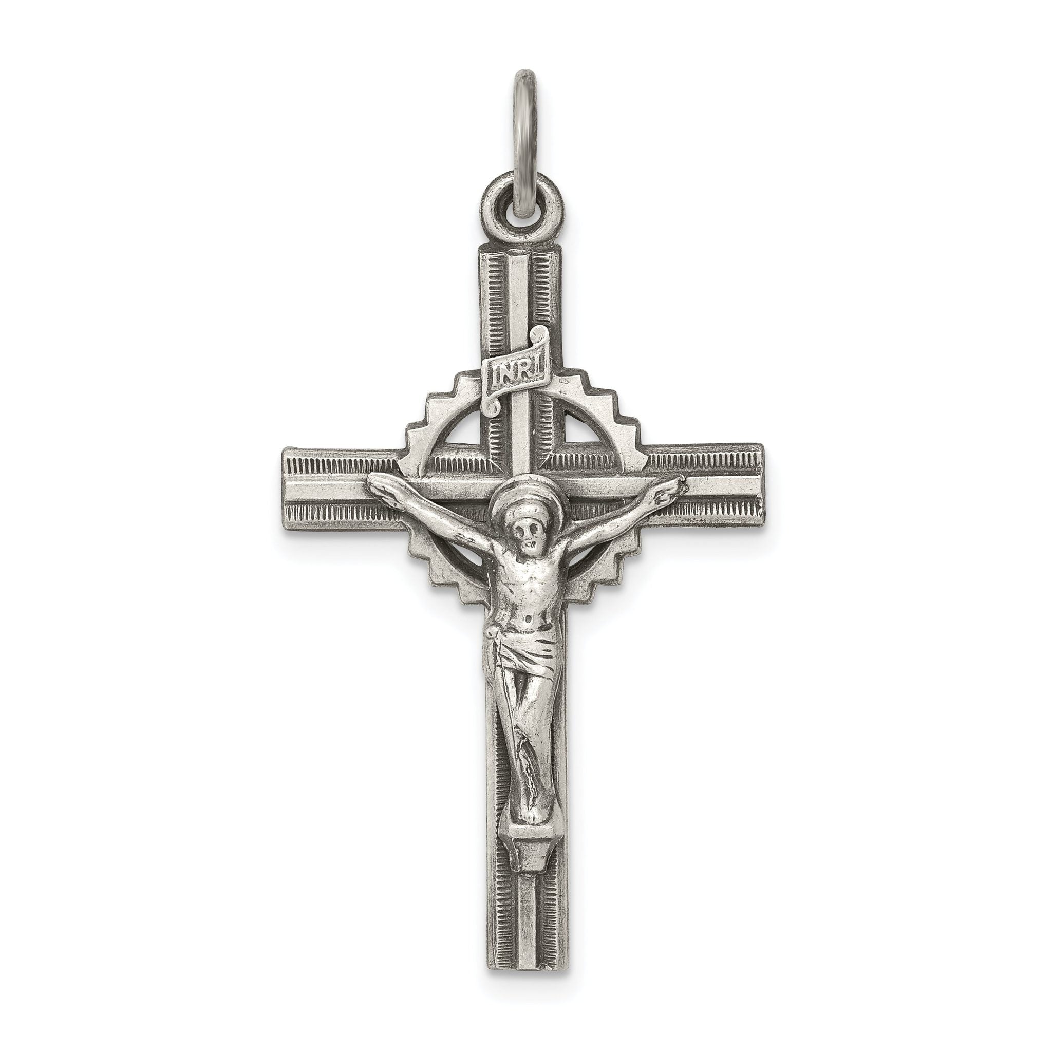 Sterling Silver 925 INRI Crucifix Pendant with Polished Antiqued Finish
