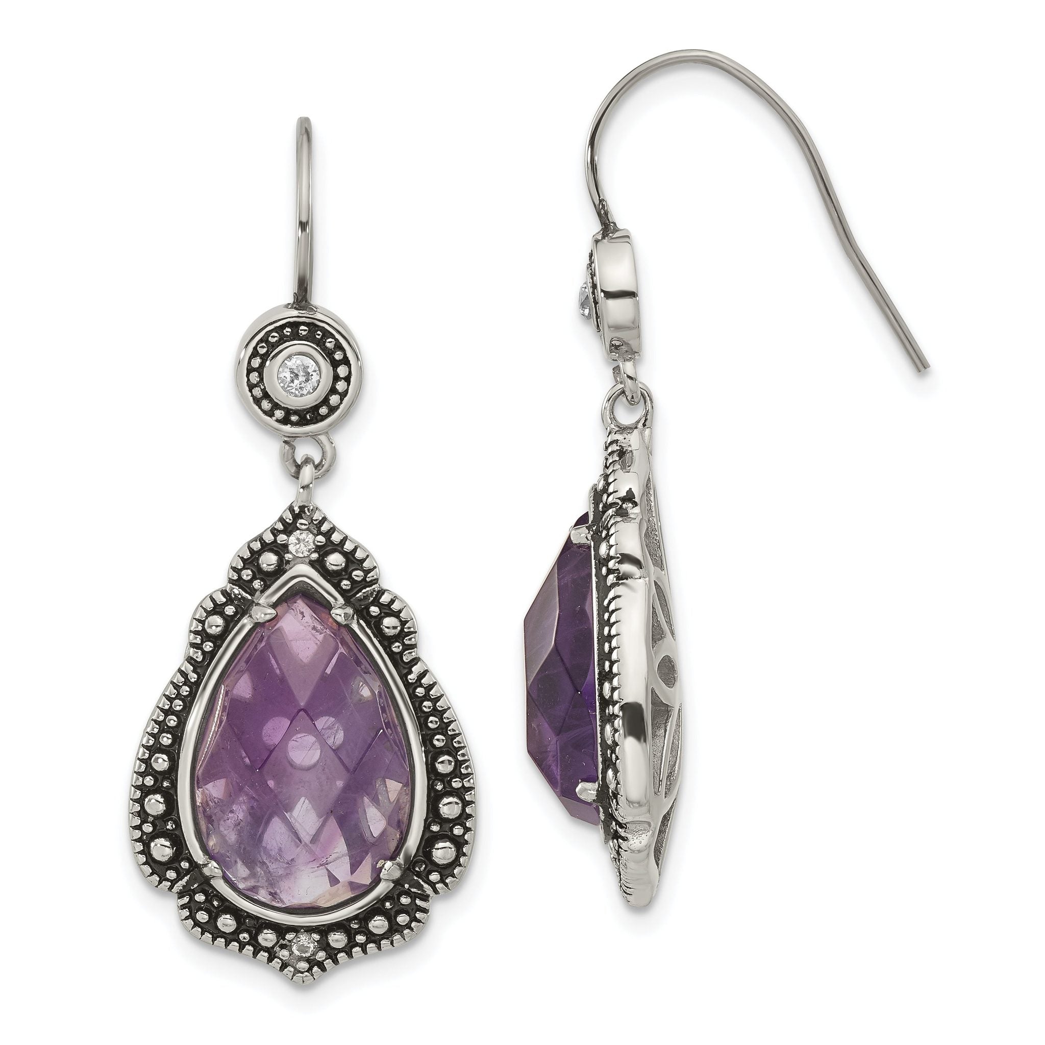 Stainless Steel Polished & Antiqued Multi-color Cubic Zirconia Drop Dangle Earrings for Women