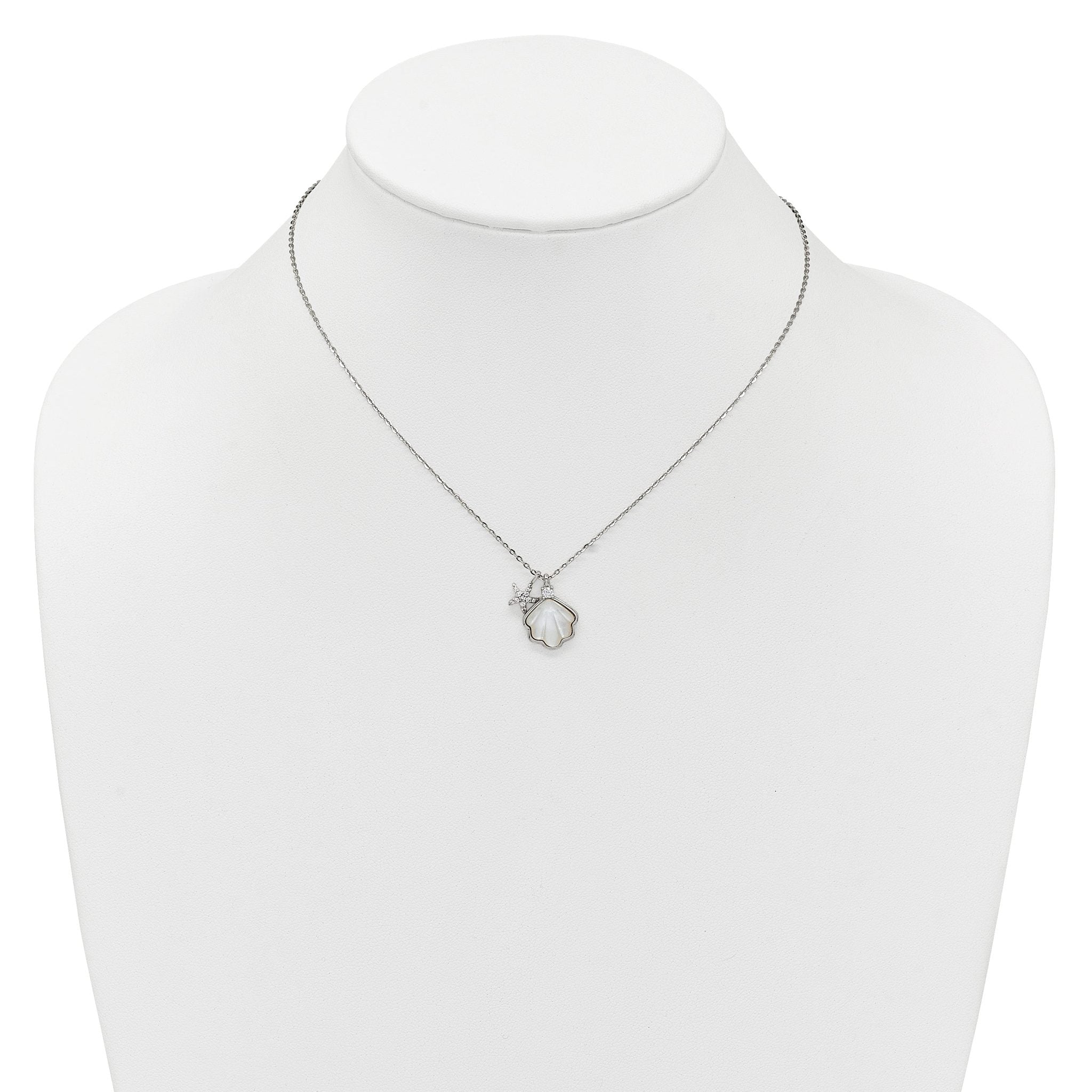 Sterling Silver Rhodium-plated Polished Mother of Pearl Shell and CZ Starfish 16 Inch with 2 Inch Extension Necklace
