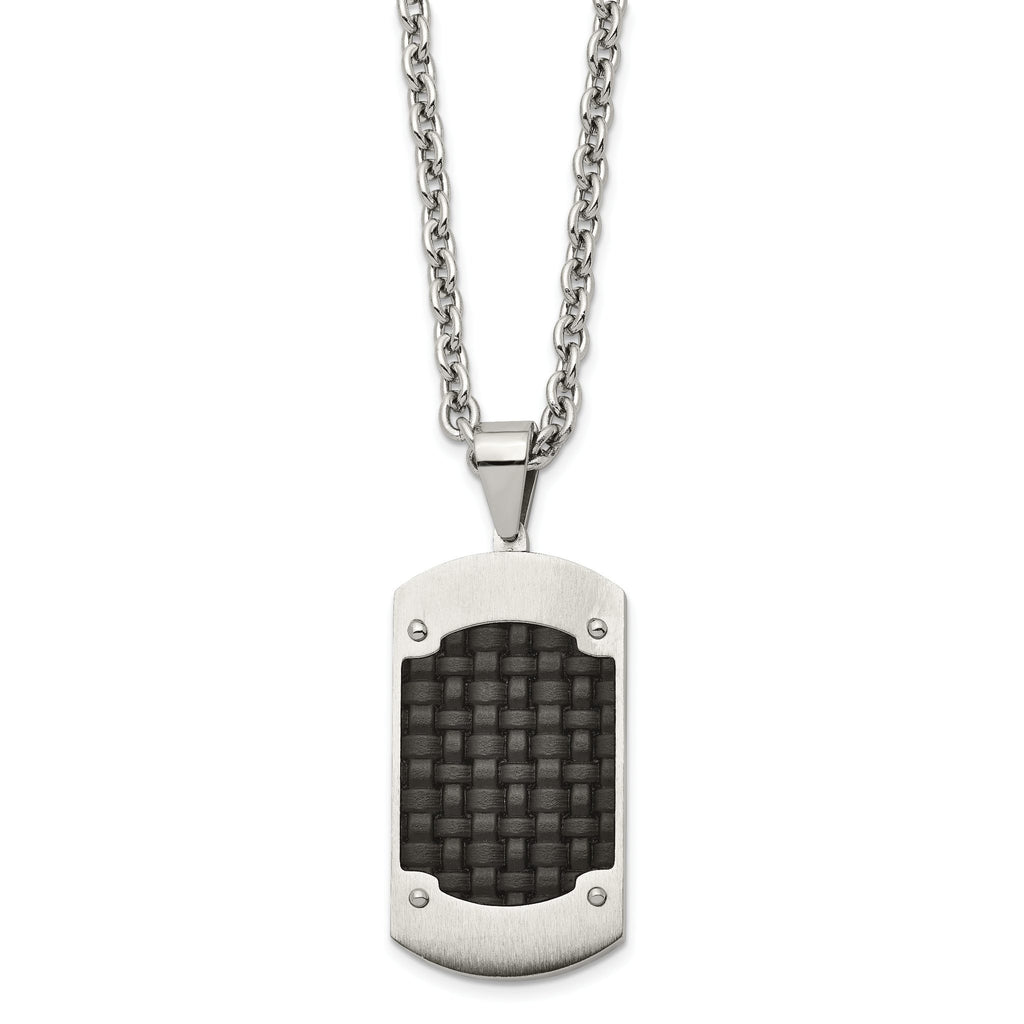 Brushed Dog Tag Necklace in Stainless Steel with Black Leather Inlay