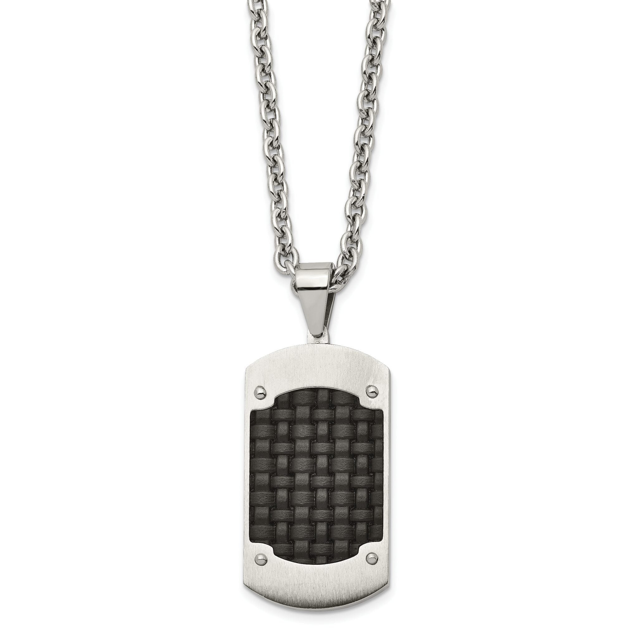 Brushed Dog Tag Necklace in Stainless Steel with Black Leather Inlay