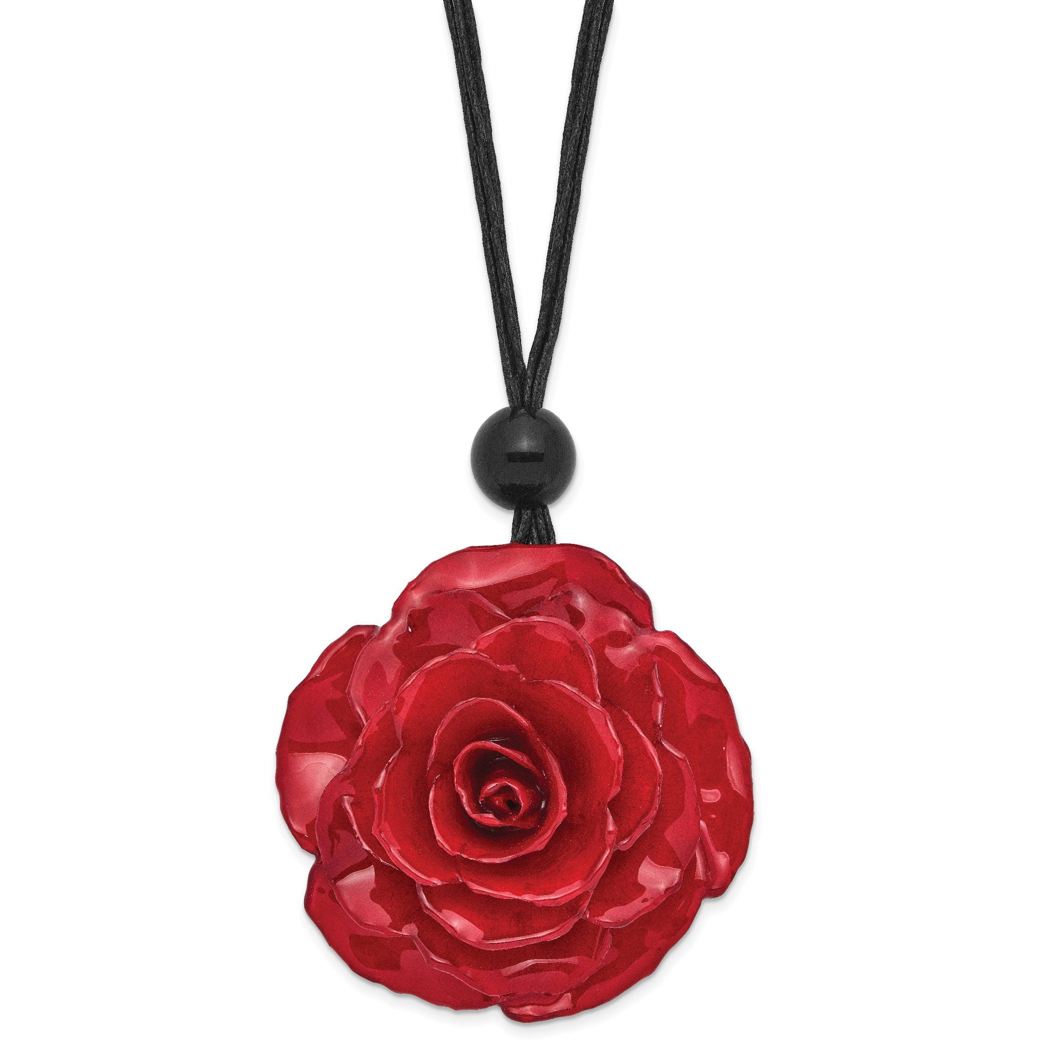 Lacquer Dipped Large Red Real Rose with Glass Bead on 18 inch Black Cotton Cord Necklace Secondary image