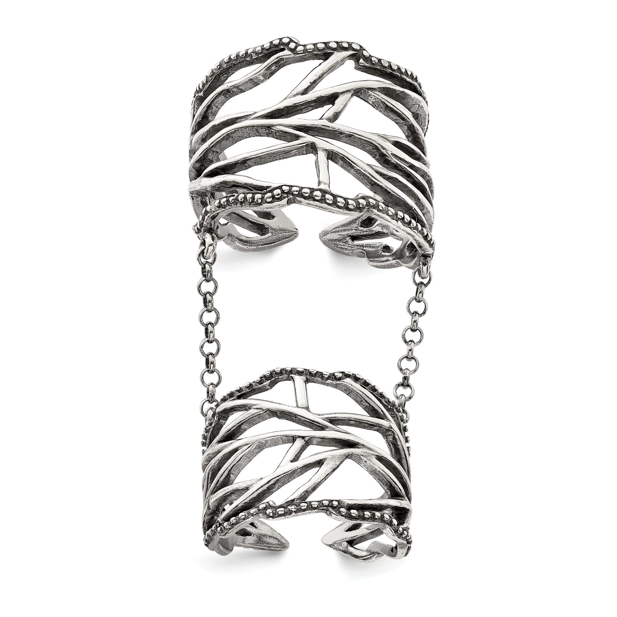 Sterling Silver Antiqued Polished Textured Full Finger Adjustable Ring Main image