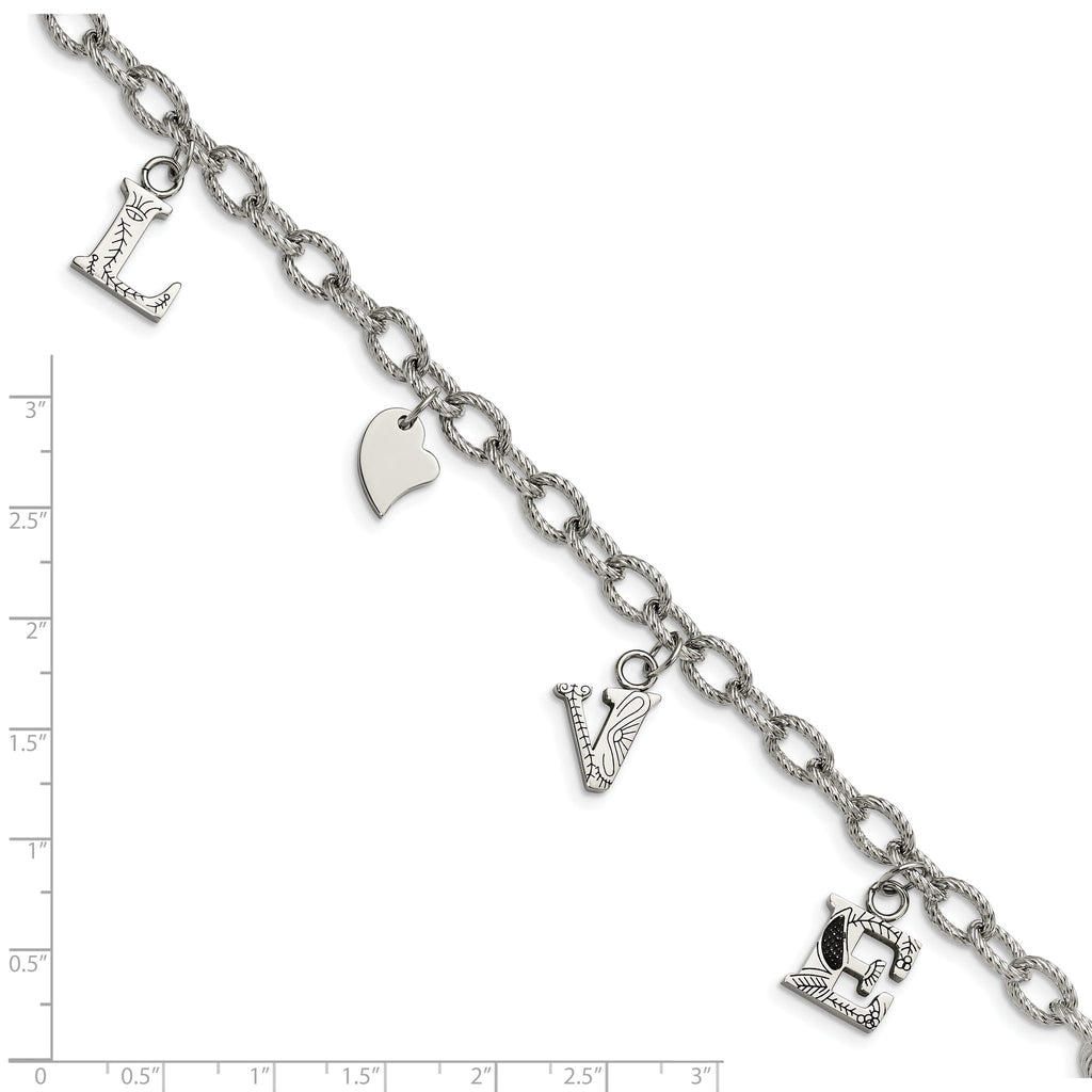 Stainless Steel Polished and Textured Love Charm Bracelet for Women
